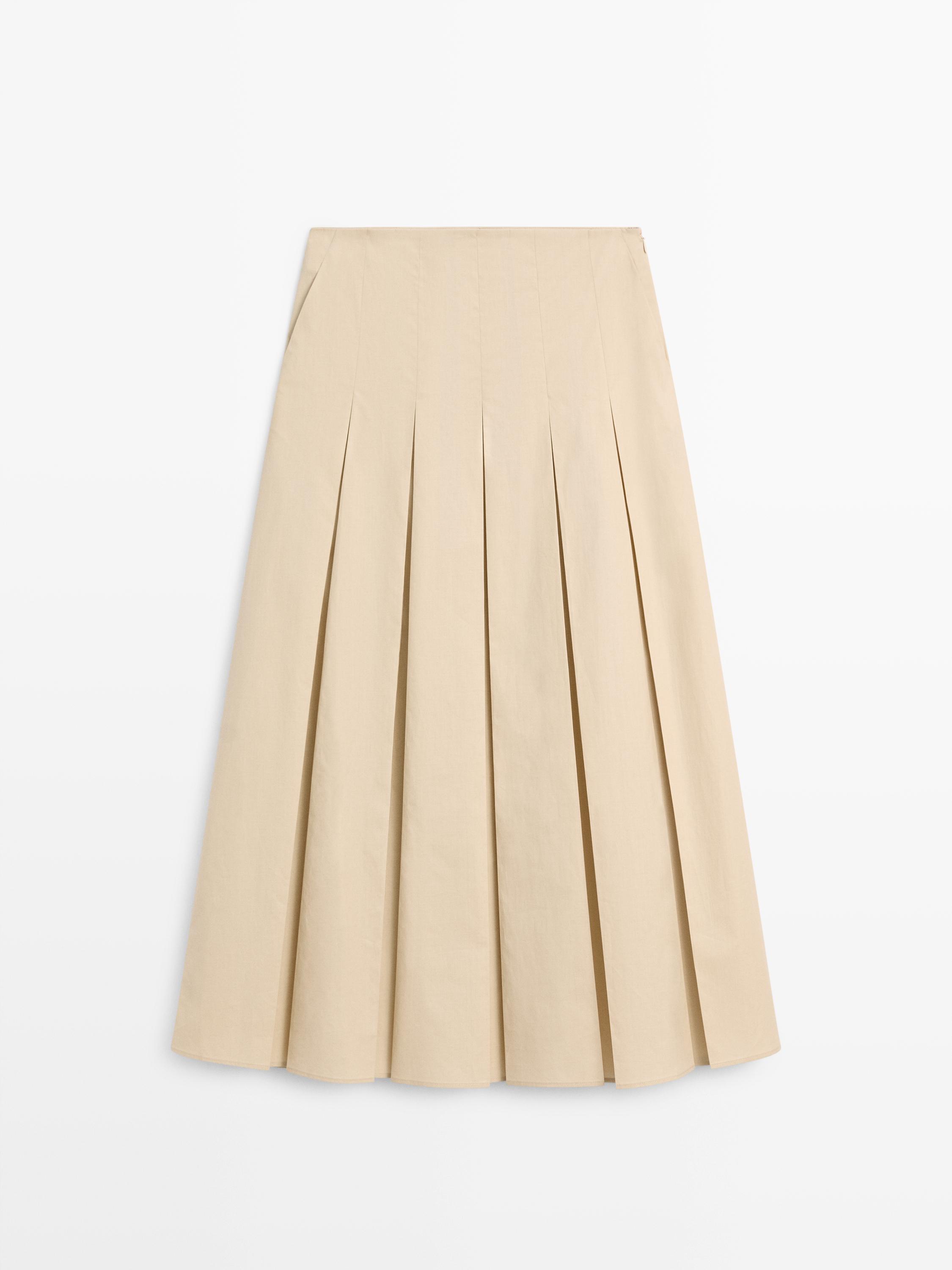 Cotton box pleat midi skirt — SAND