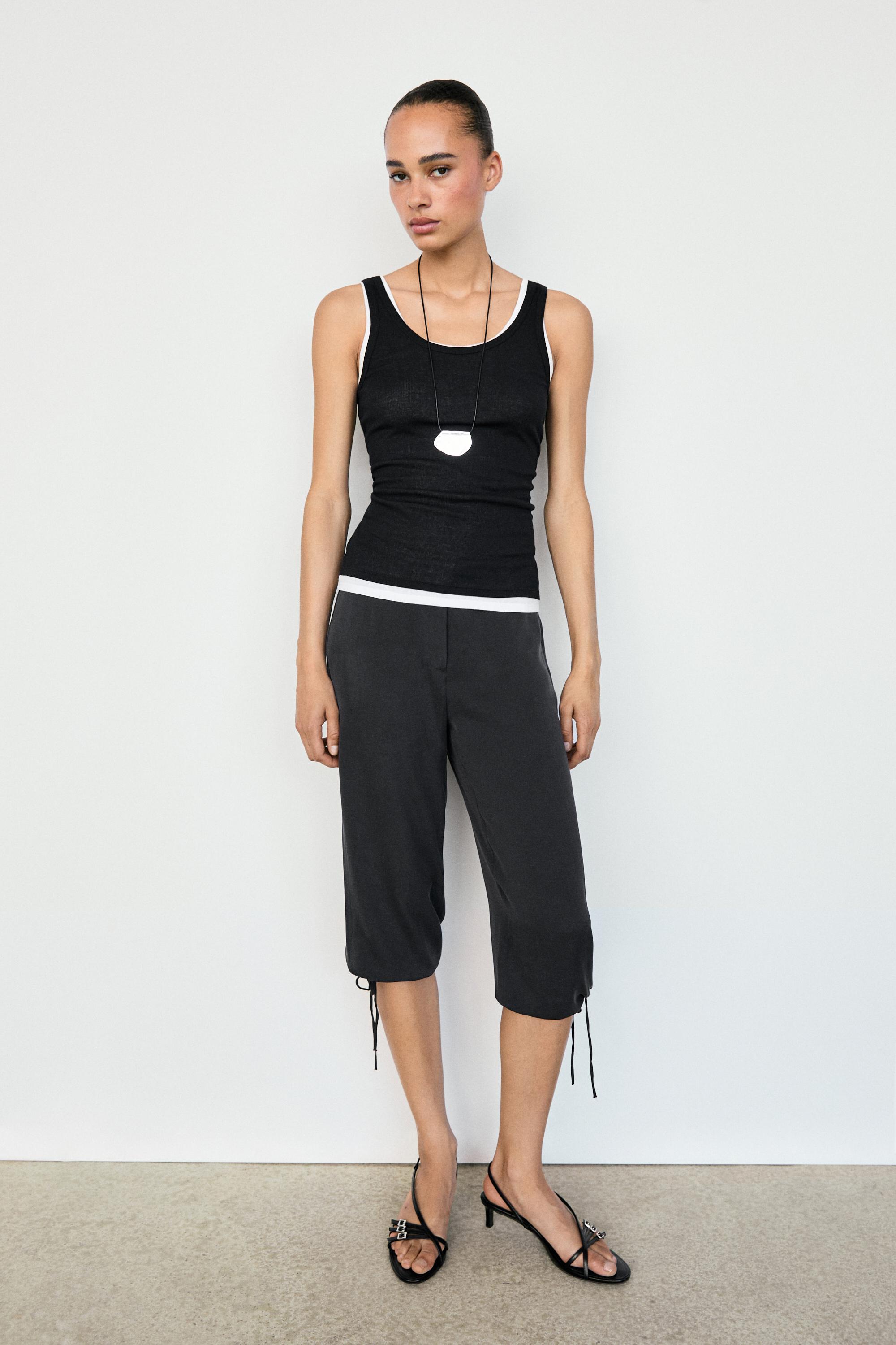 Silk blend tie-hem capri pants — BLACK