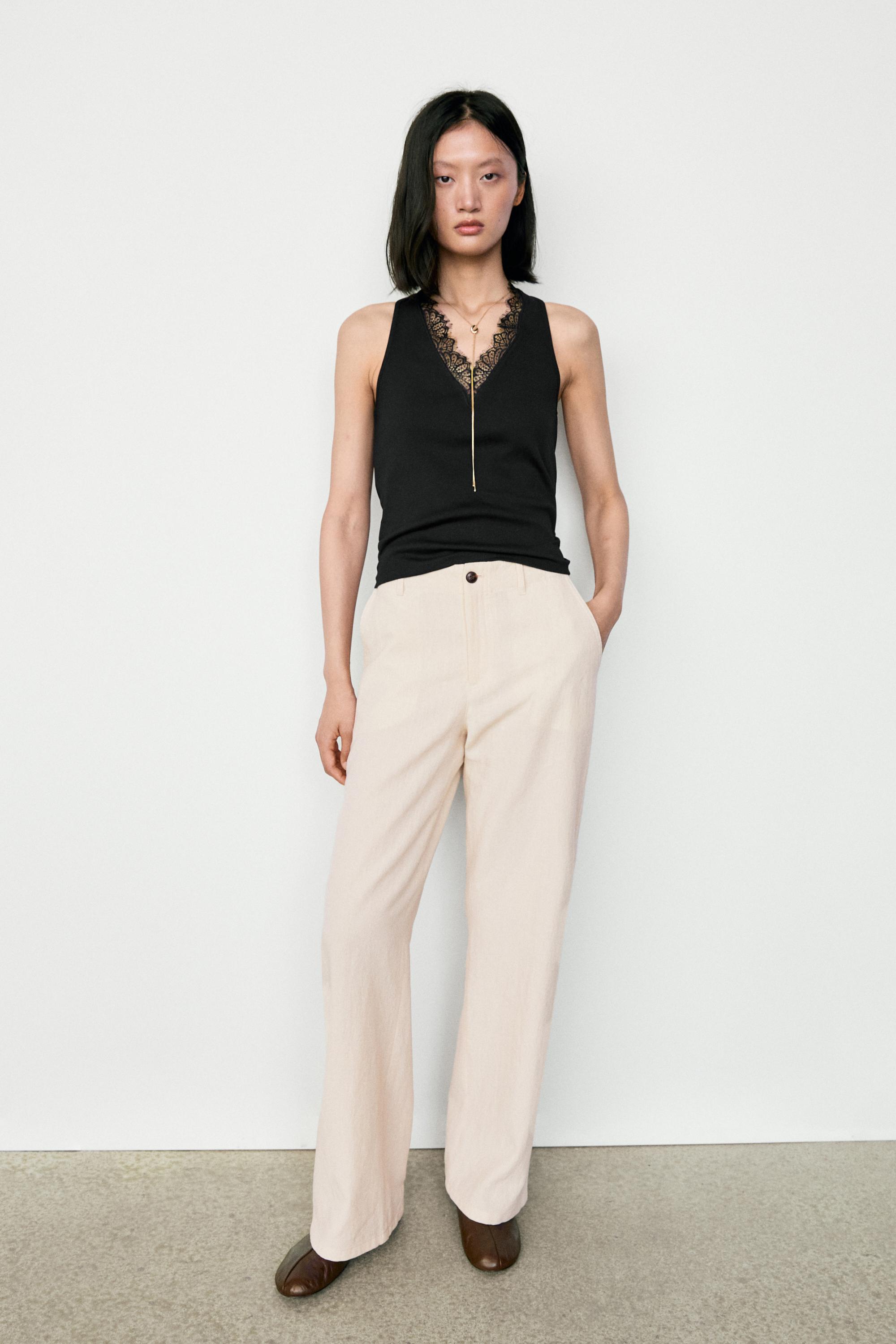 V-neck lace trim camisole top — BLACK