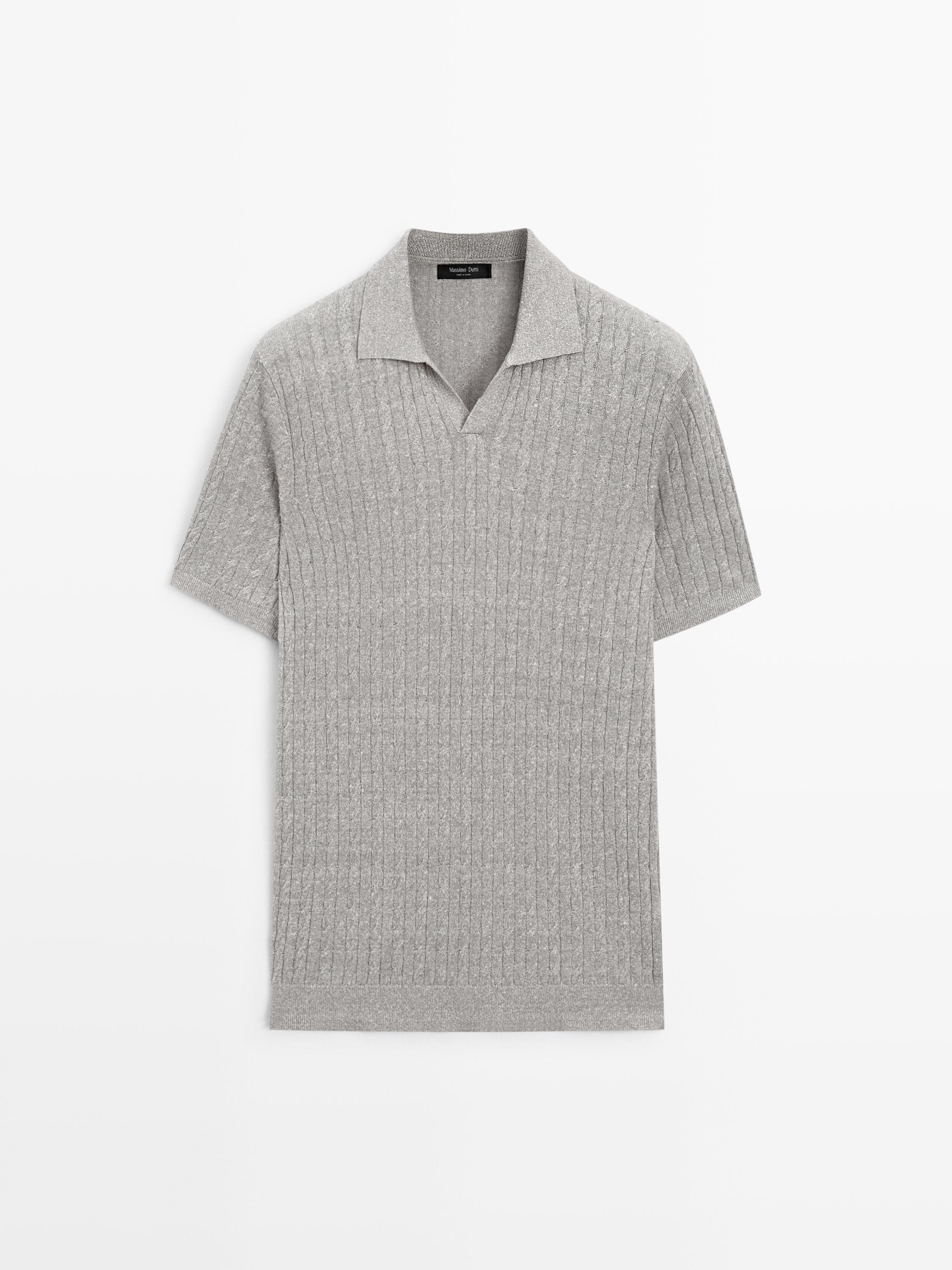 Cotton linen cable knit polo jumper