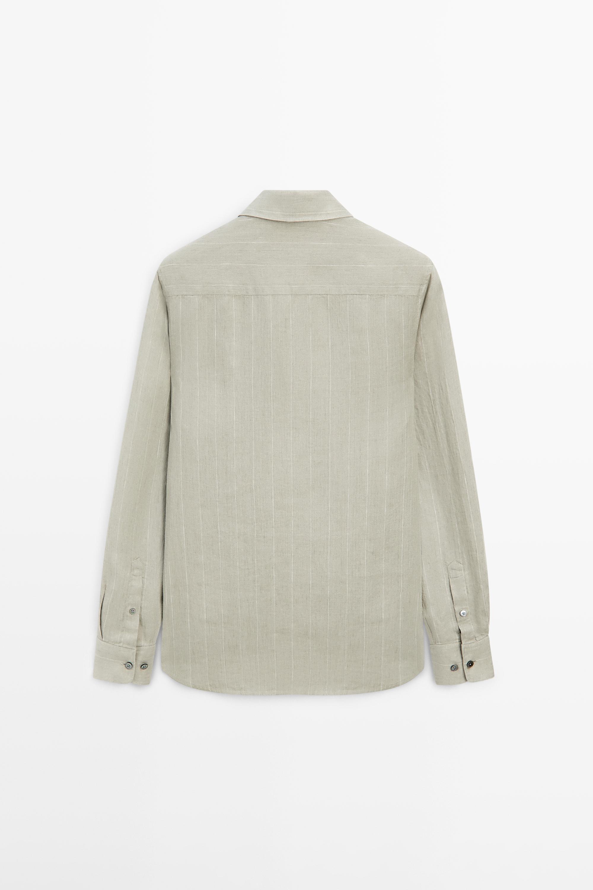 100% linen regular fit striped shirt — PALE GREEN