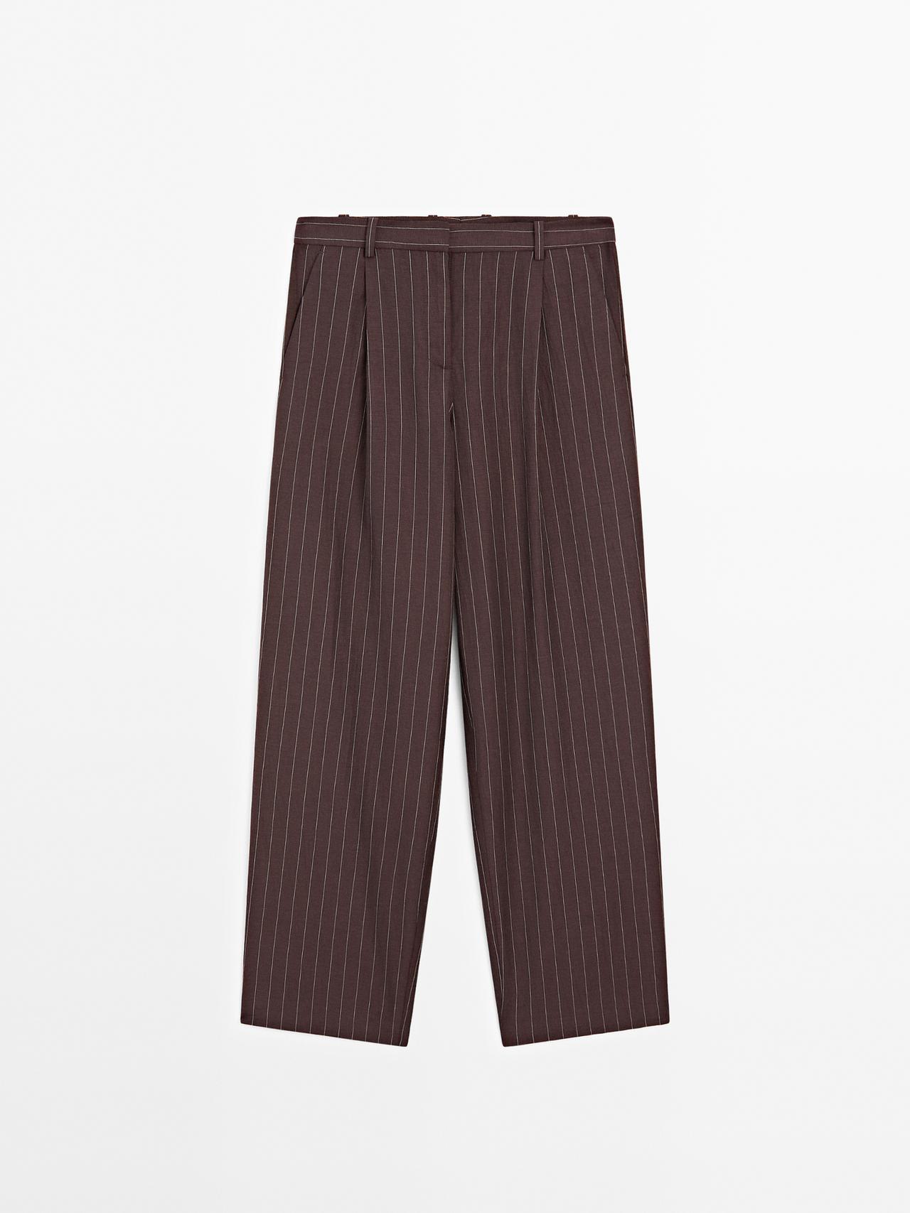 Massimo Dutti - Dame - Nålestribede Bukser Med Læg - Granatrød - 38