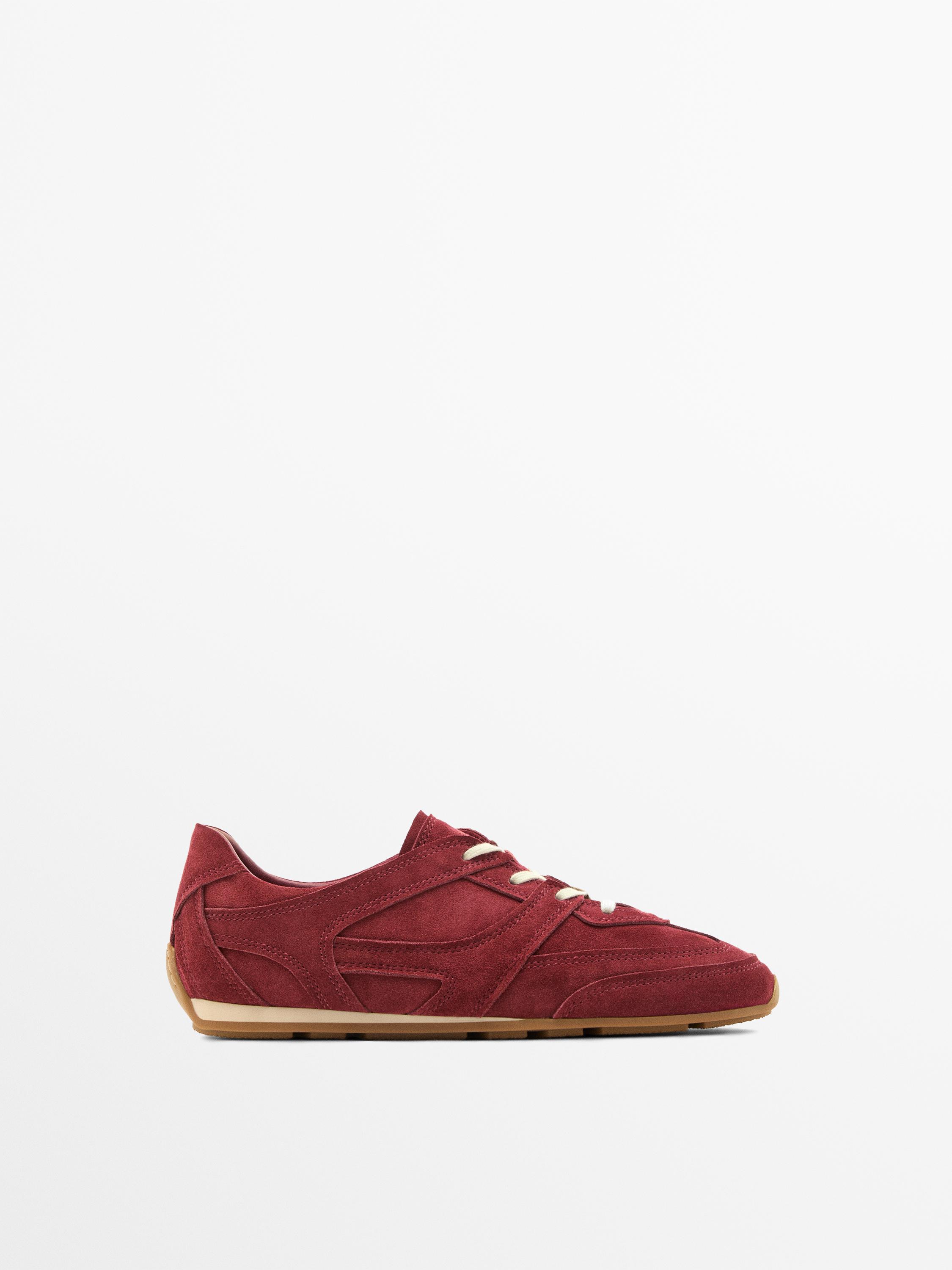 Split leather trainers with piece details — RED