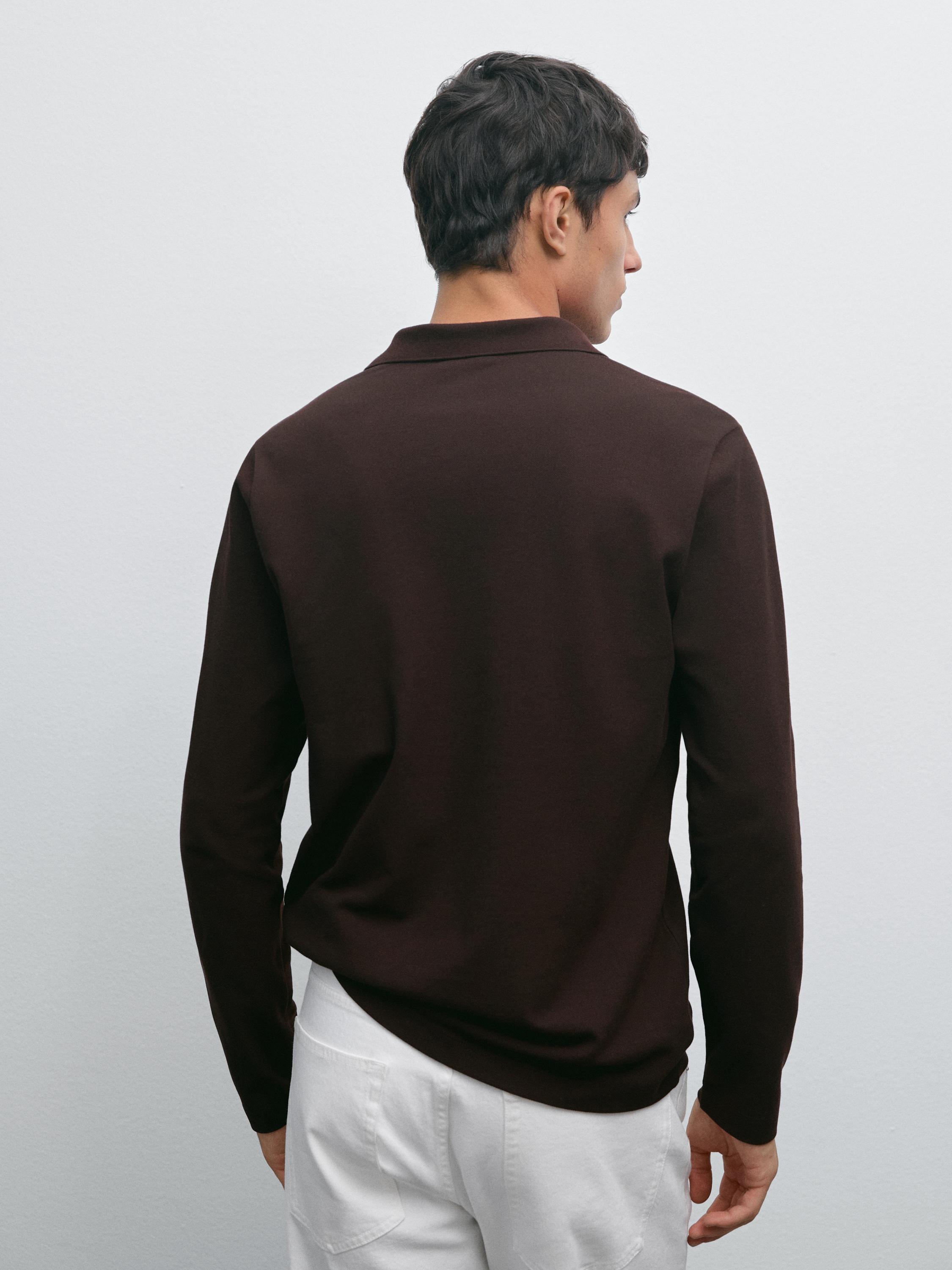 Long sleeve mercerised cotton piqué polo shirt