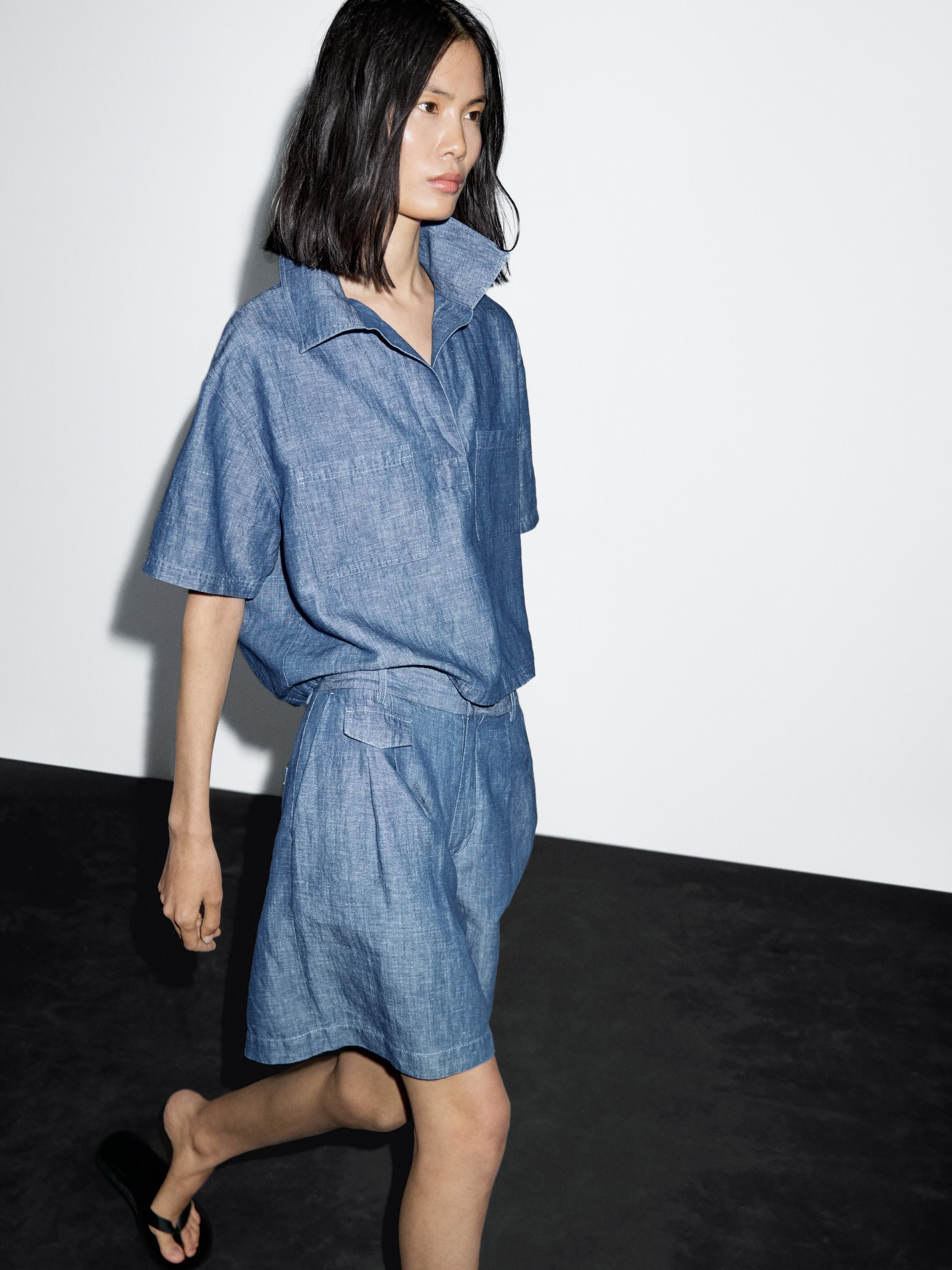 Short sleeve cotton and linen polo shirt