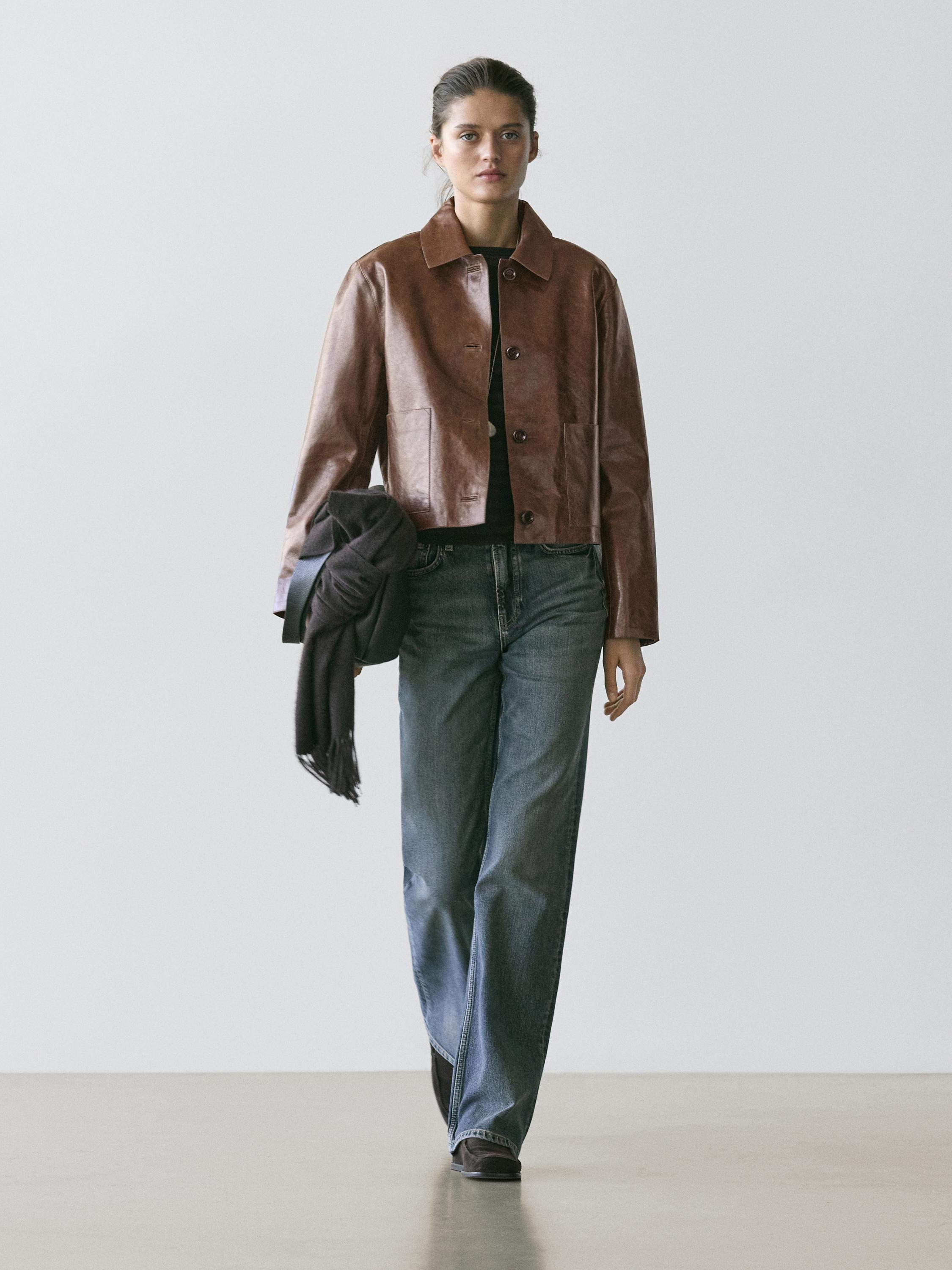 Cropped nappa leather jacket — MOLE BROWN