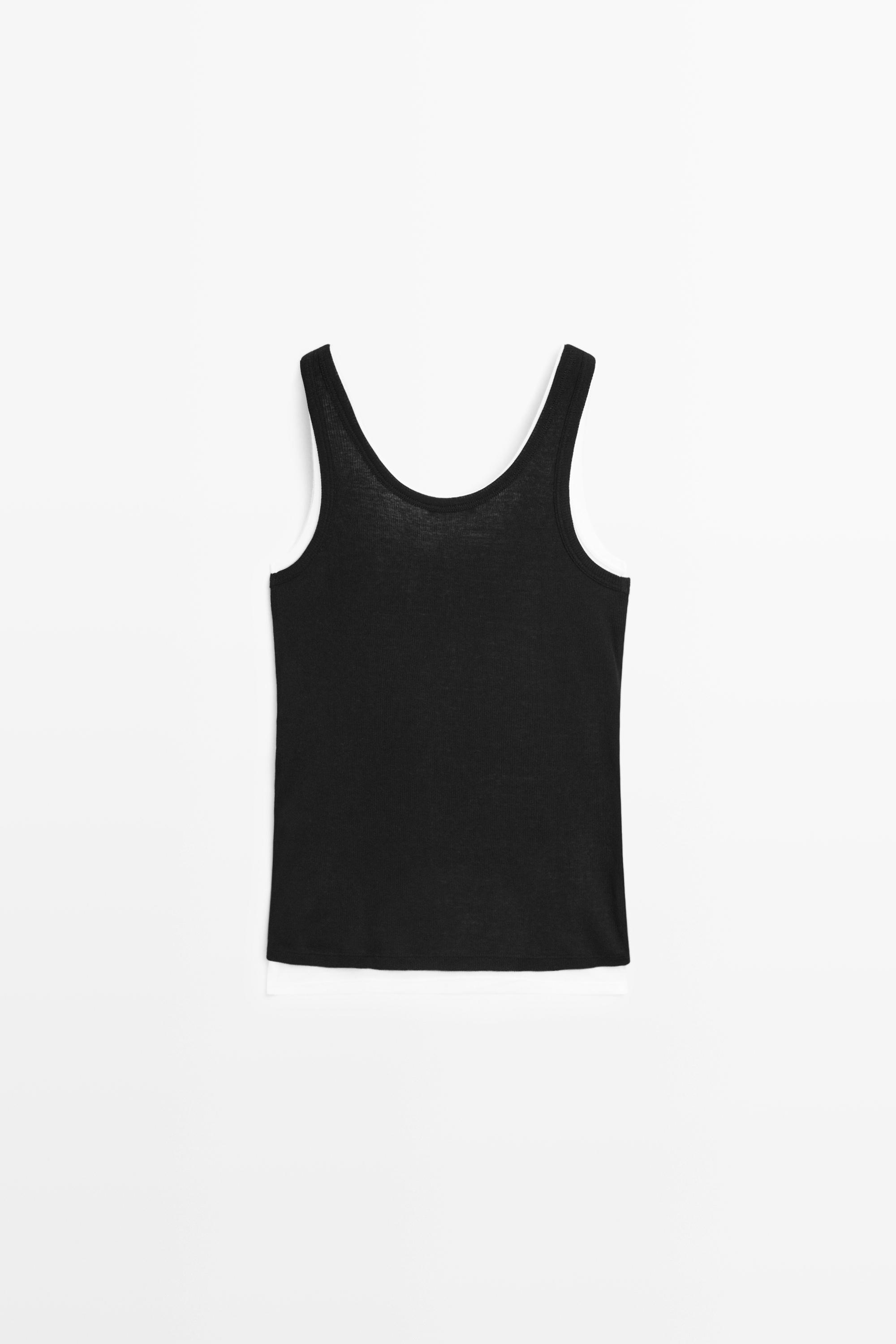 Cotton blend ribbed double-layer top — BLACK
