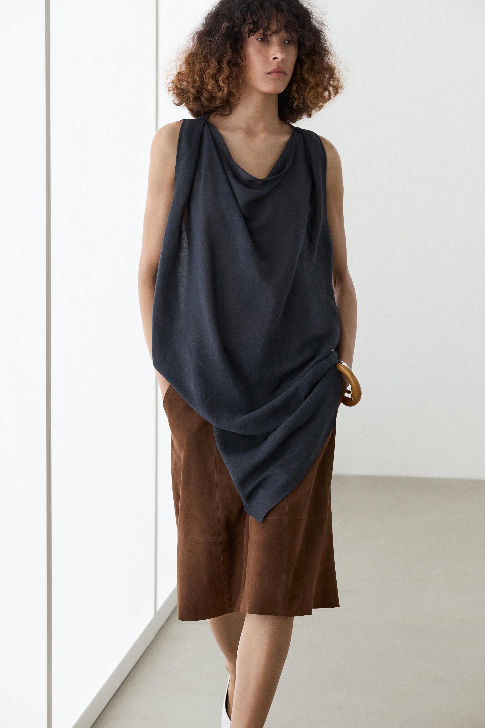 Asymmetric linen blend top — DARK BLUE