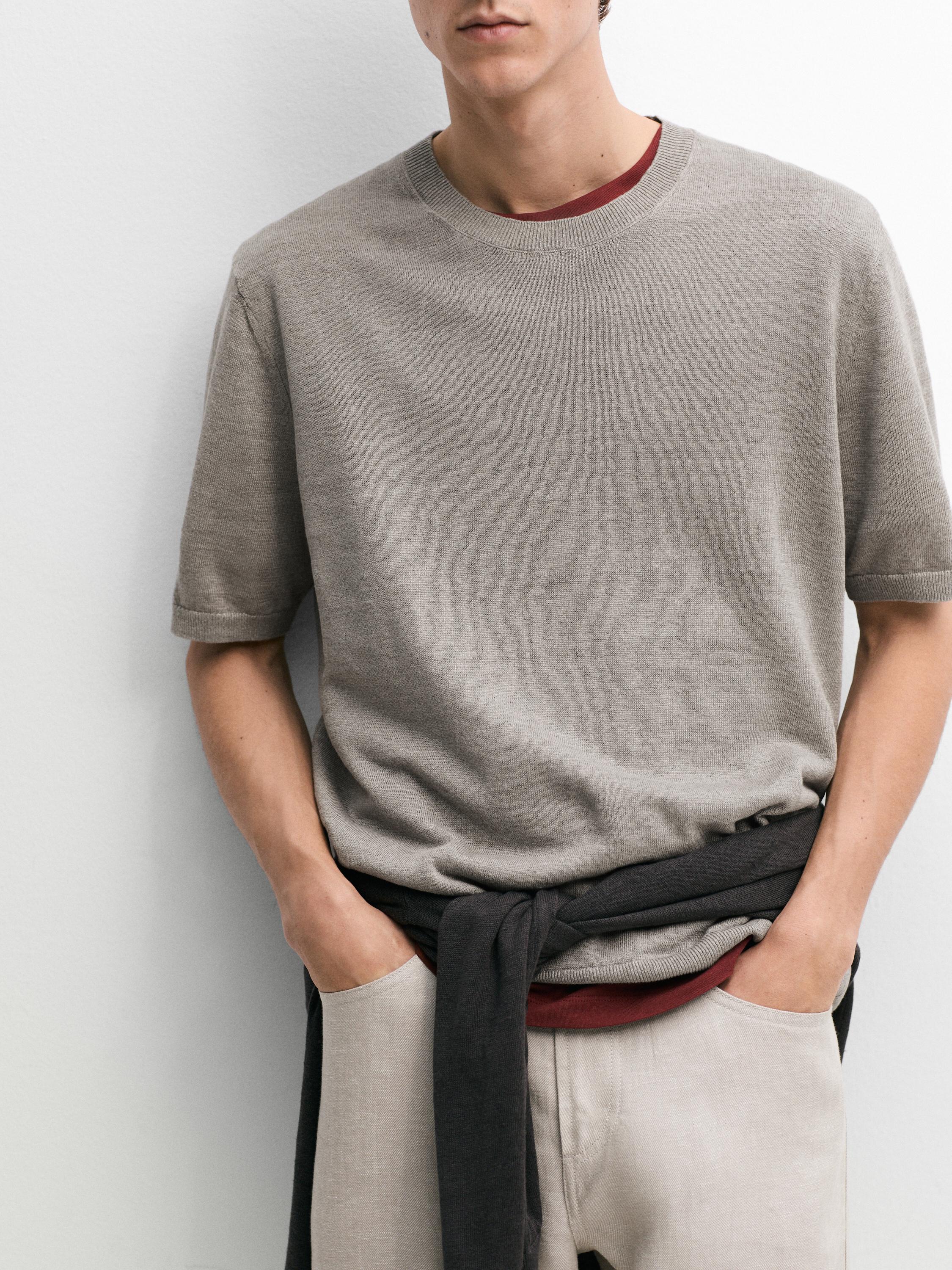 Lightweight 100% linen knit T-shirt — NATURAL GREY