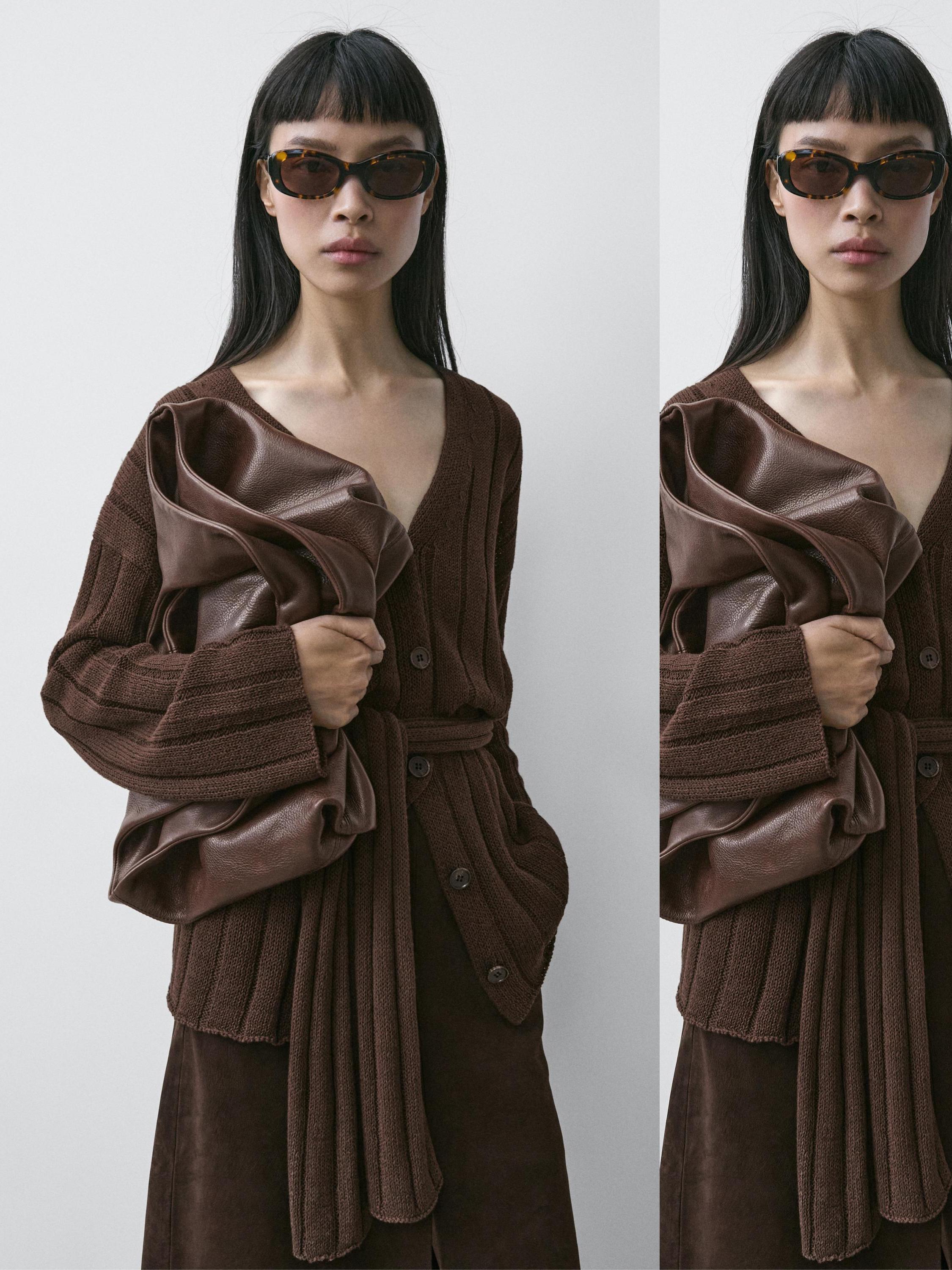 Knit cardigan with waist detail — Chocolate