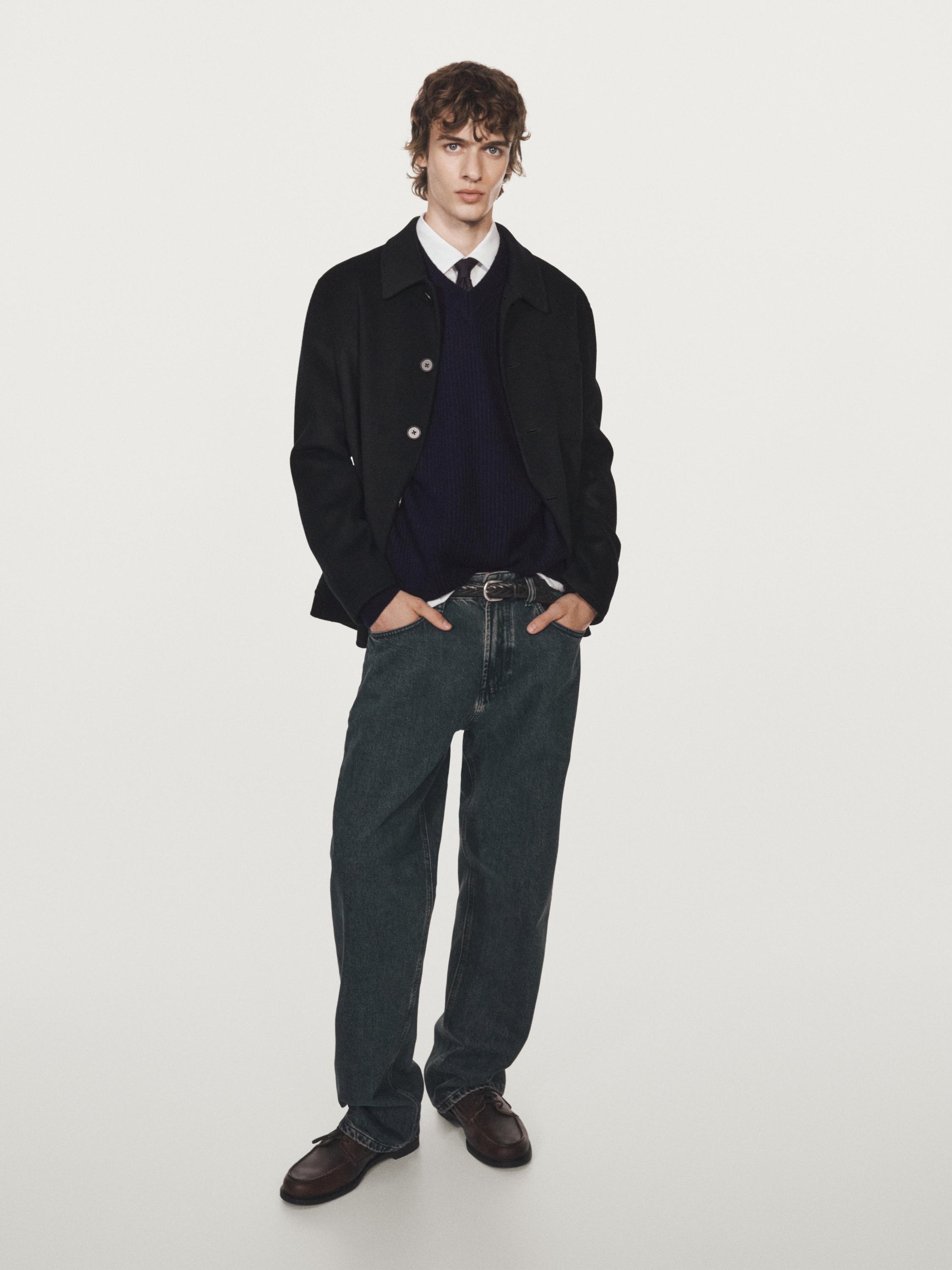 Kemeja luar campuran wol ganda dengan saku