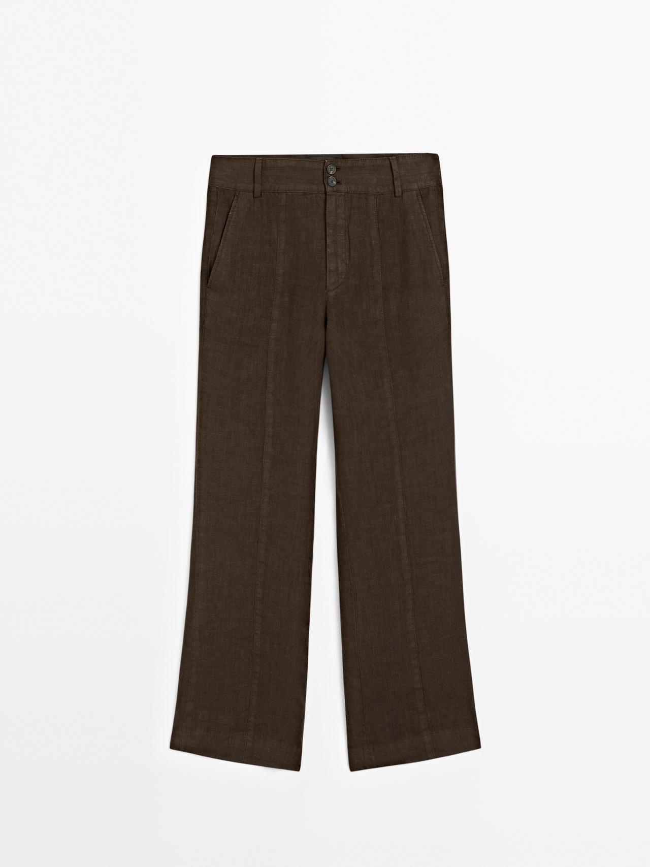 Massimo Dutti - Dame - Bukser I 100 % Hør Med Lille Svaj - Chokolade - 44