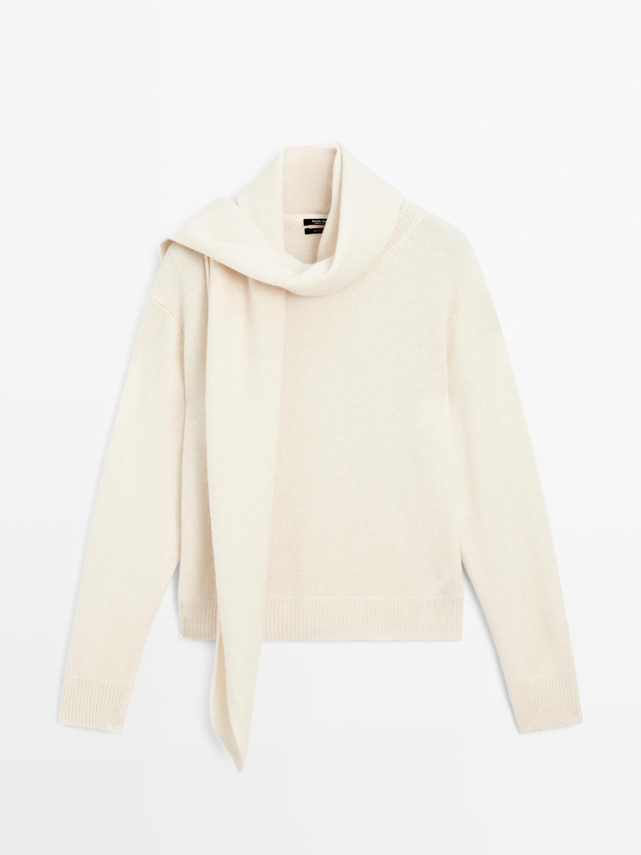Massimo Dutti - Dame - Trøje Med Halstørklæde I 100% Kashmir - Beige - M