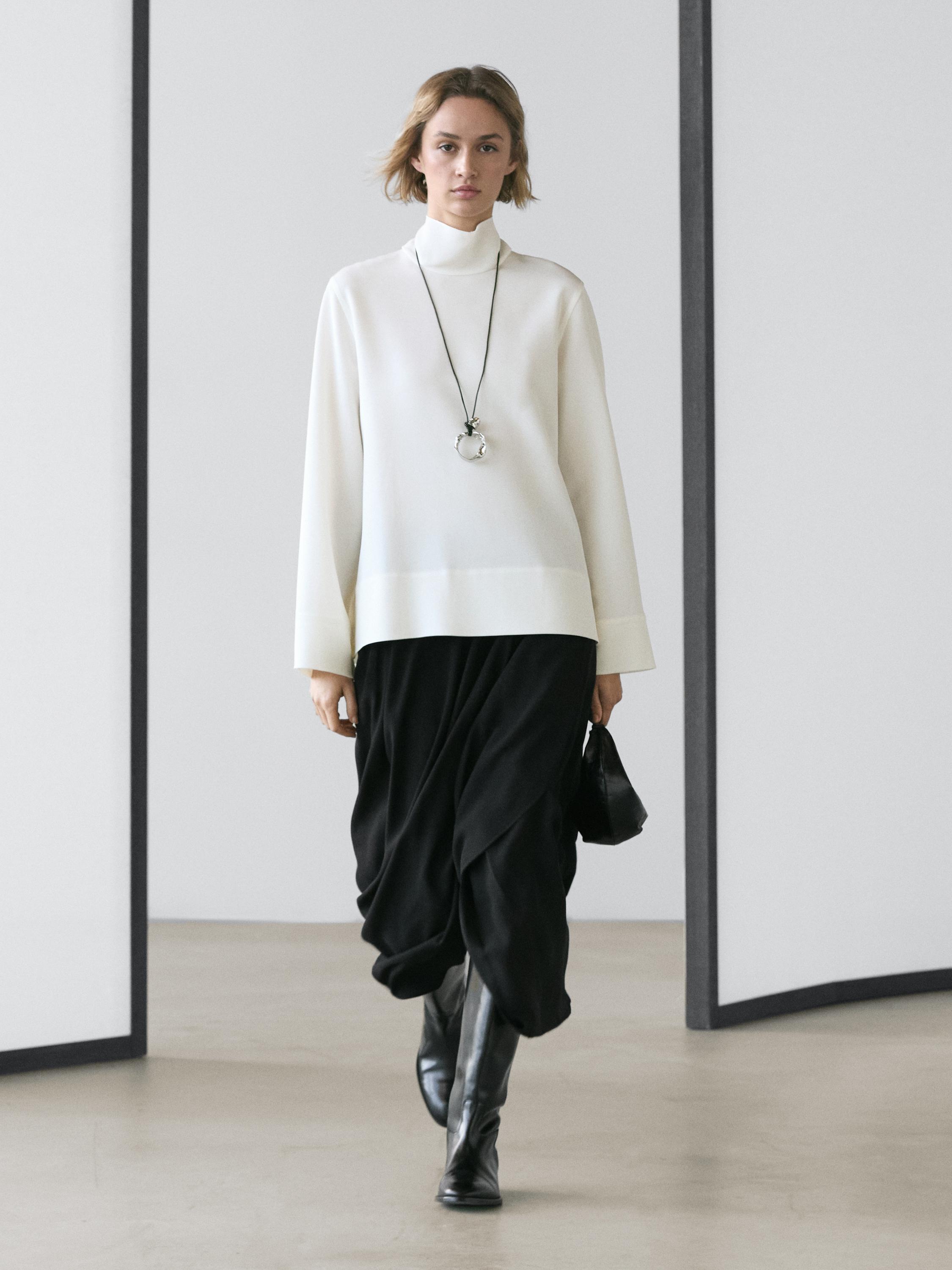 High neck blouse with hem detail — WHITE