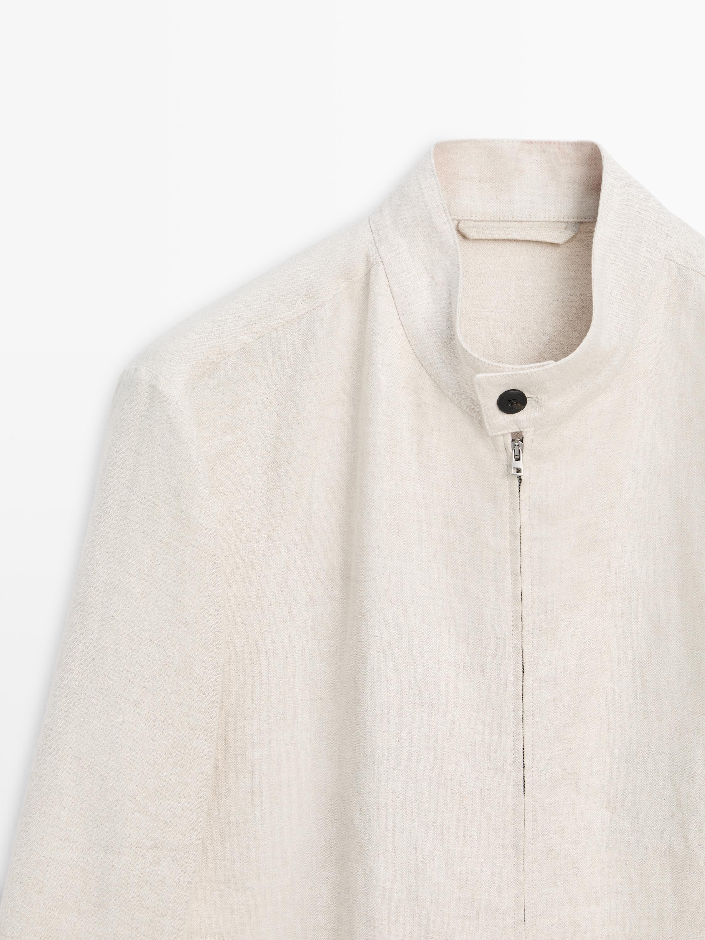 Short linen jacket with herringbone detail — BEIGE