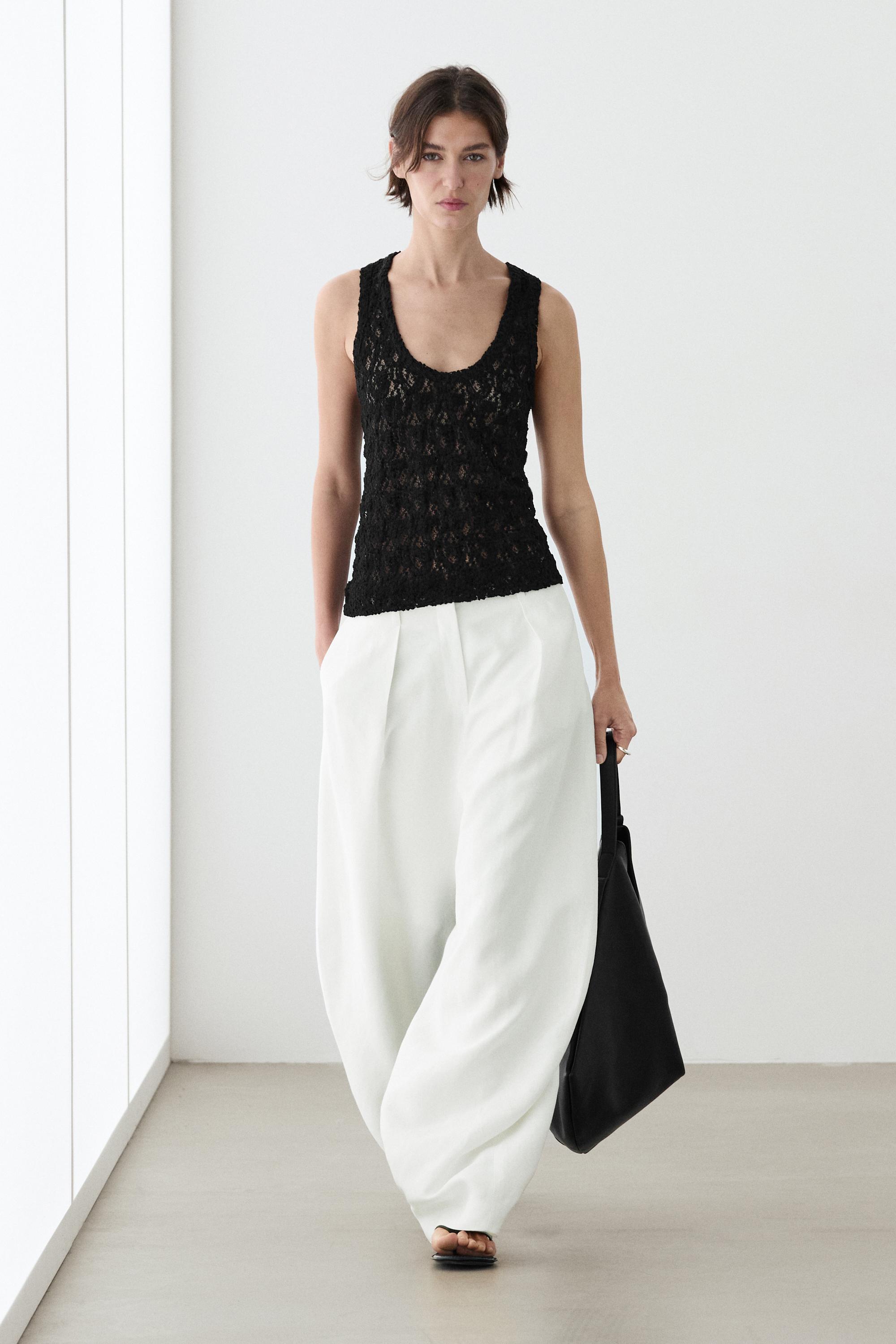 Round neck lace top — BLACK