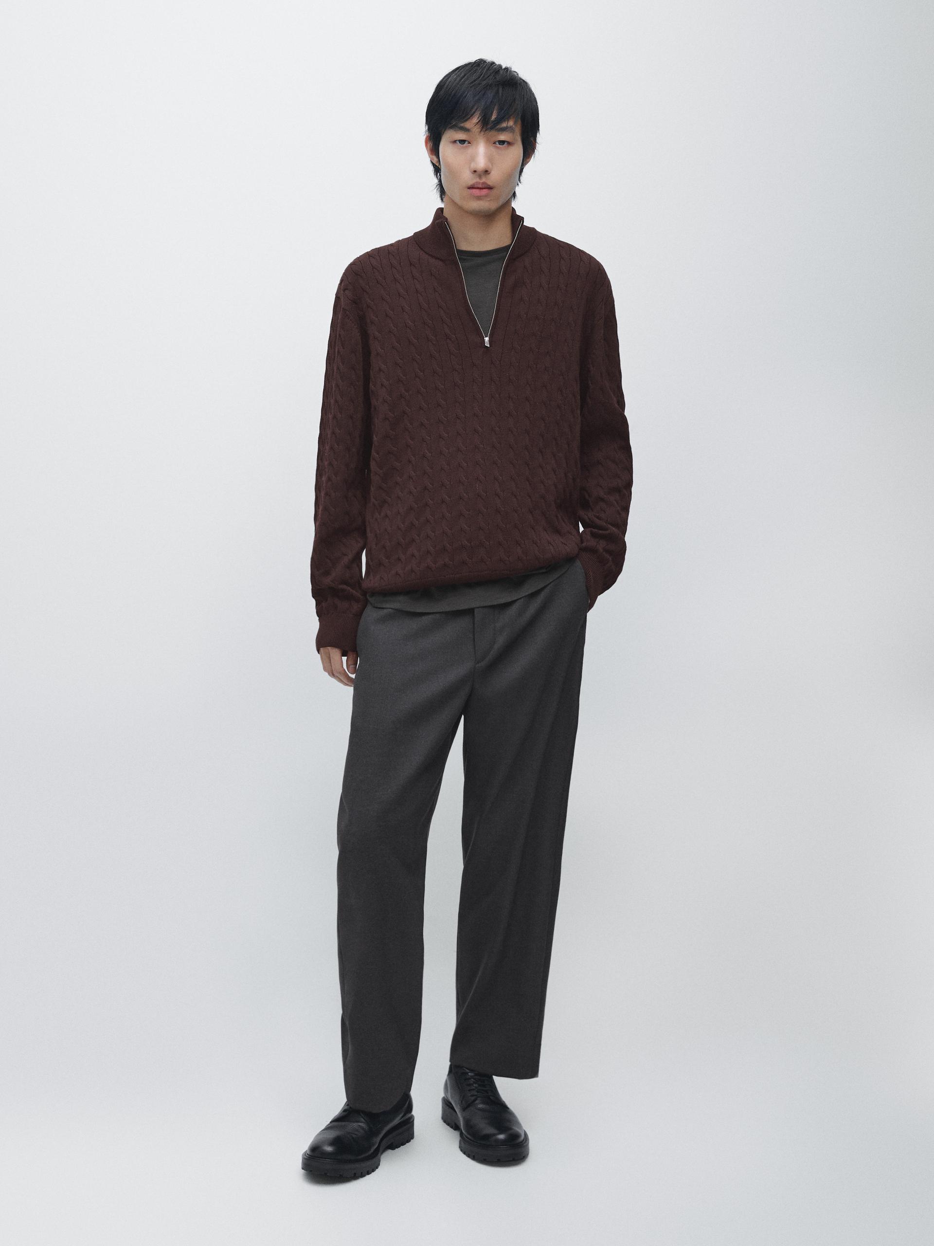 Pull En Maille Col Montant Zippé - Bordeaux - M - Massimo Dutti - Homme