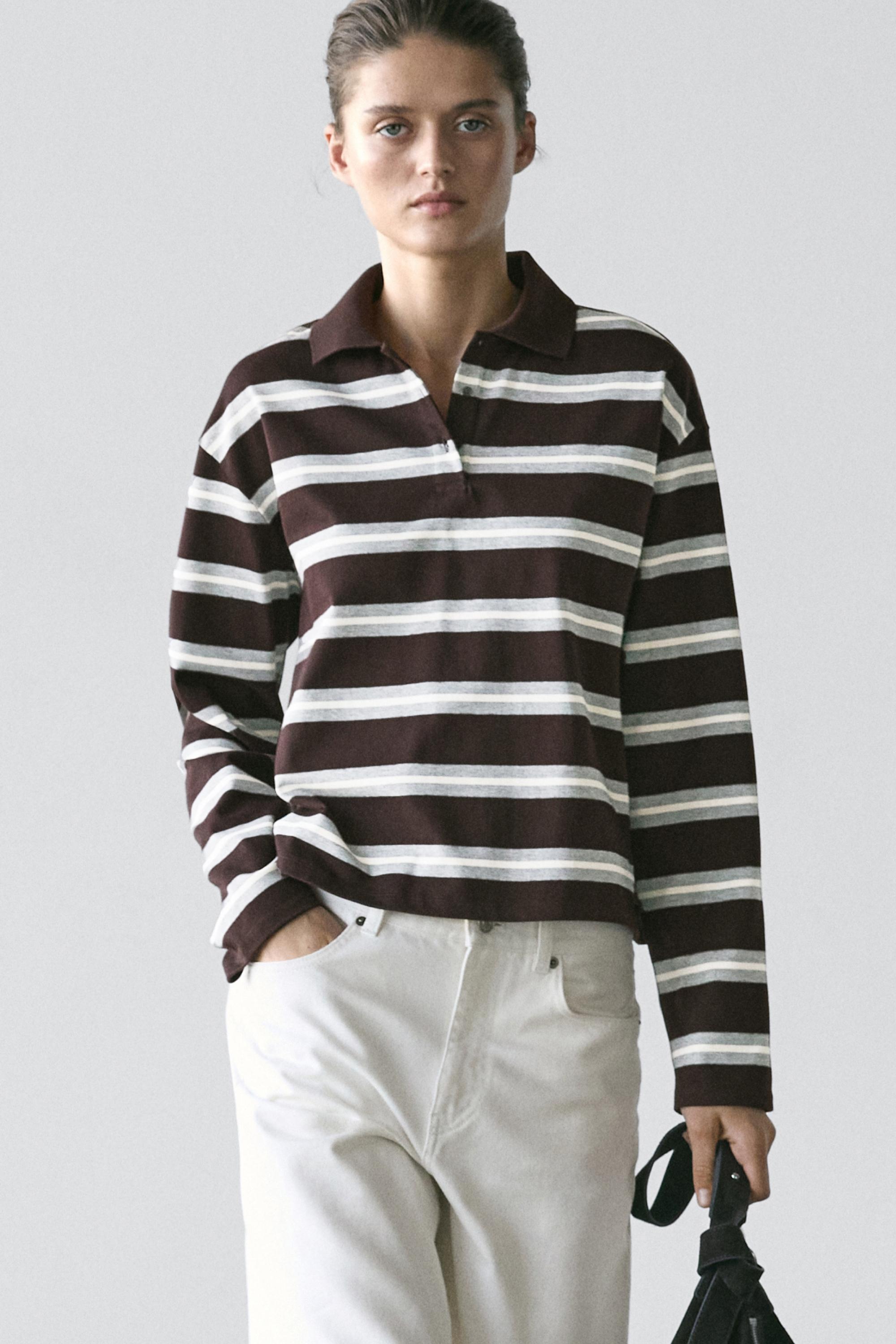 Striped long sleeve cotton polo shirt