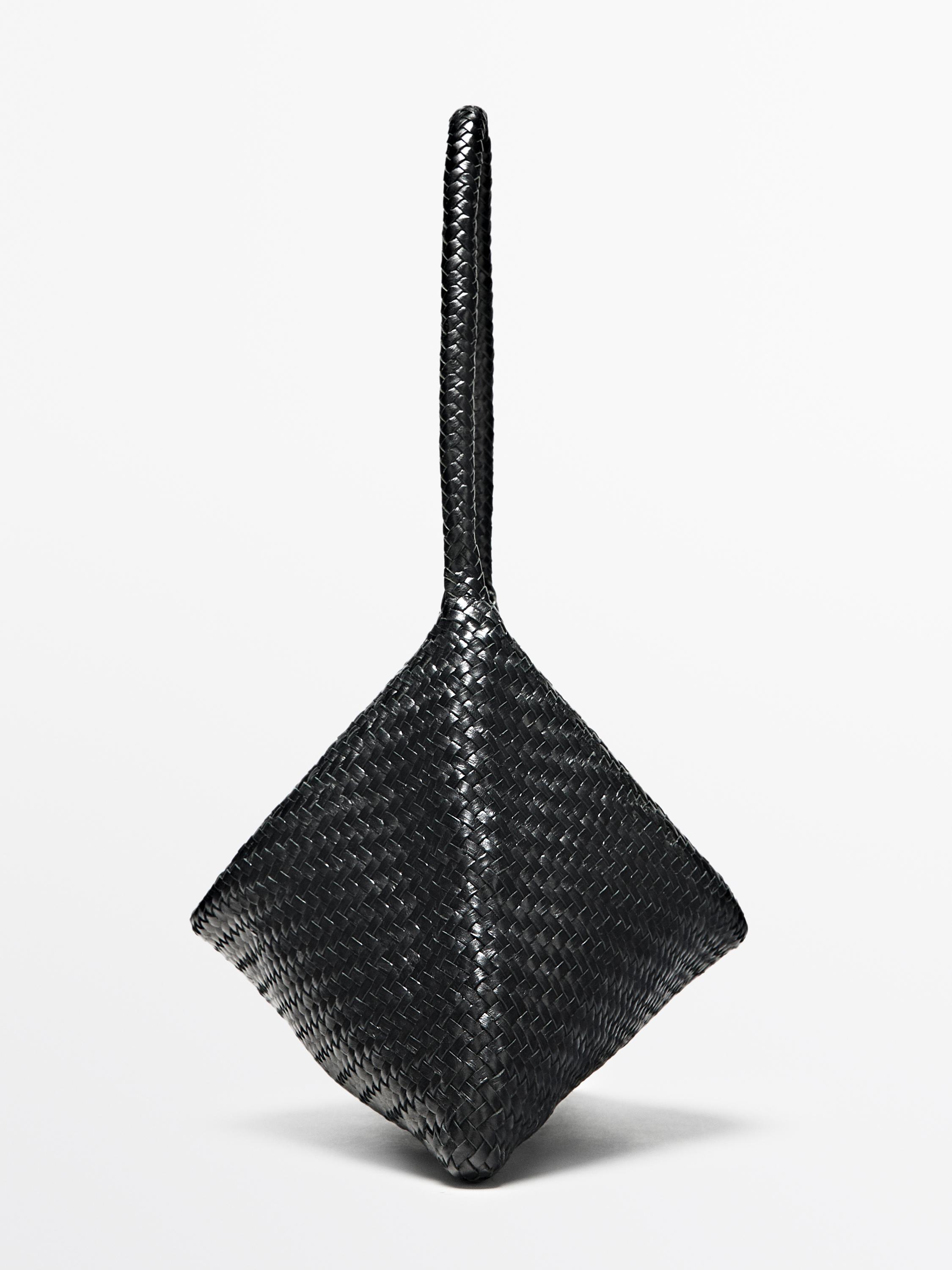 Mid-sized braided leather shoulder bag — BLACK