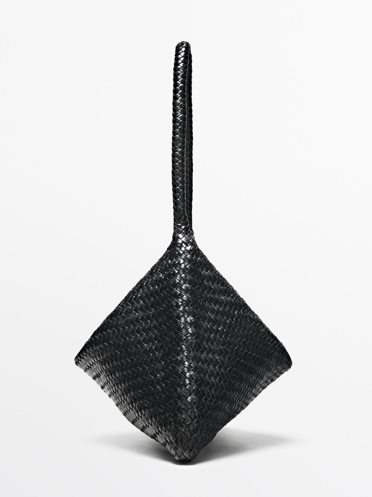 Mid-sized braided leather shoulder bag — BLACK