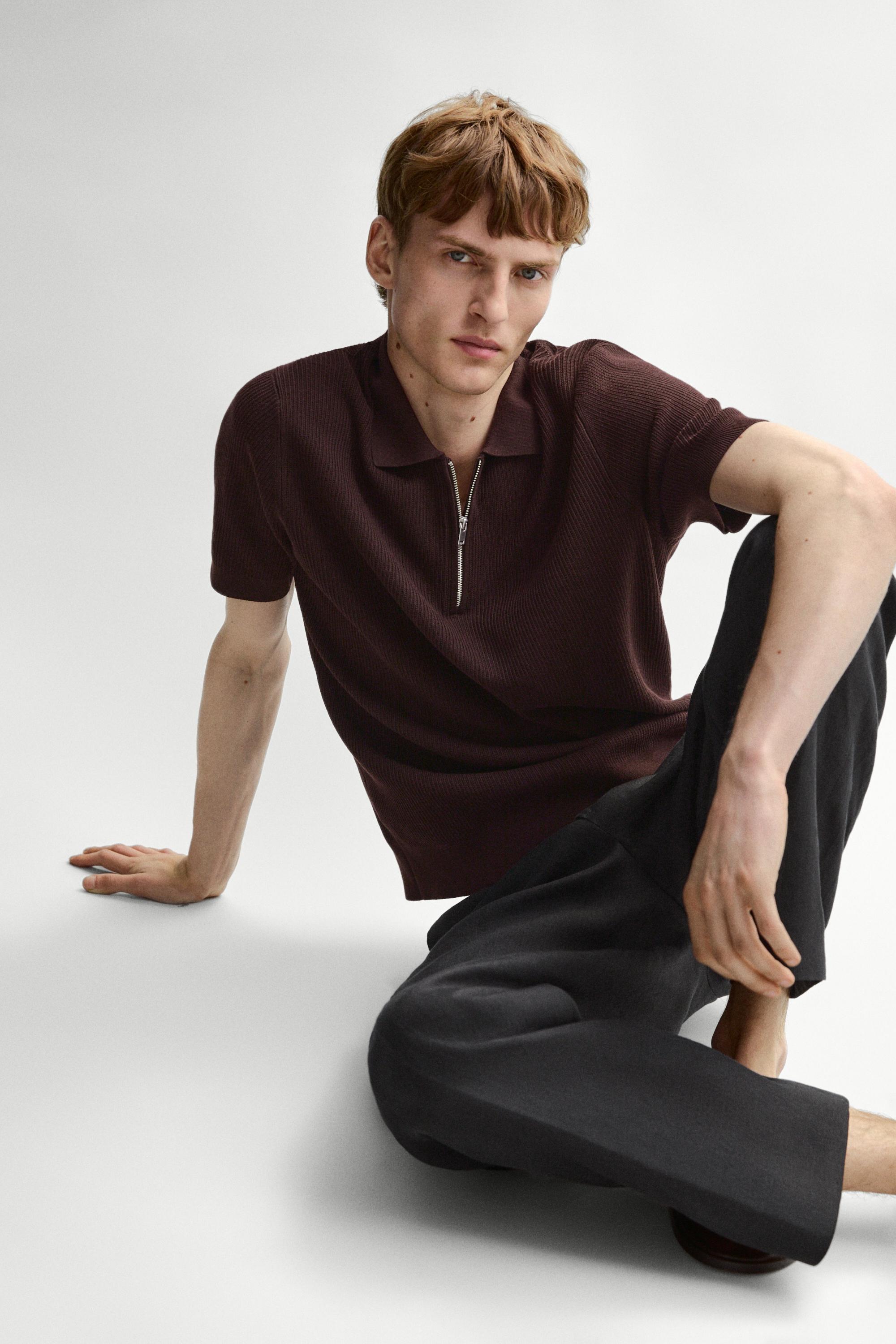 Knit polo sweater with quarter-zip collar — BURGUNDY