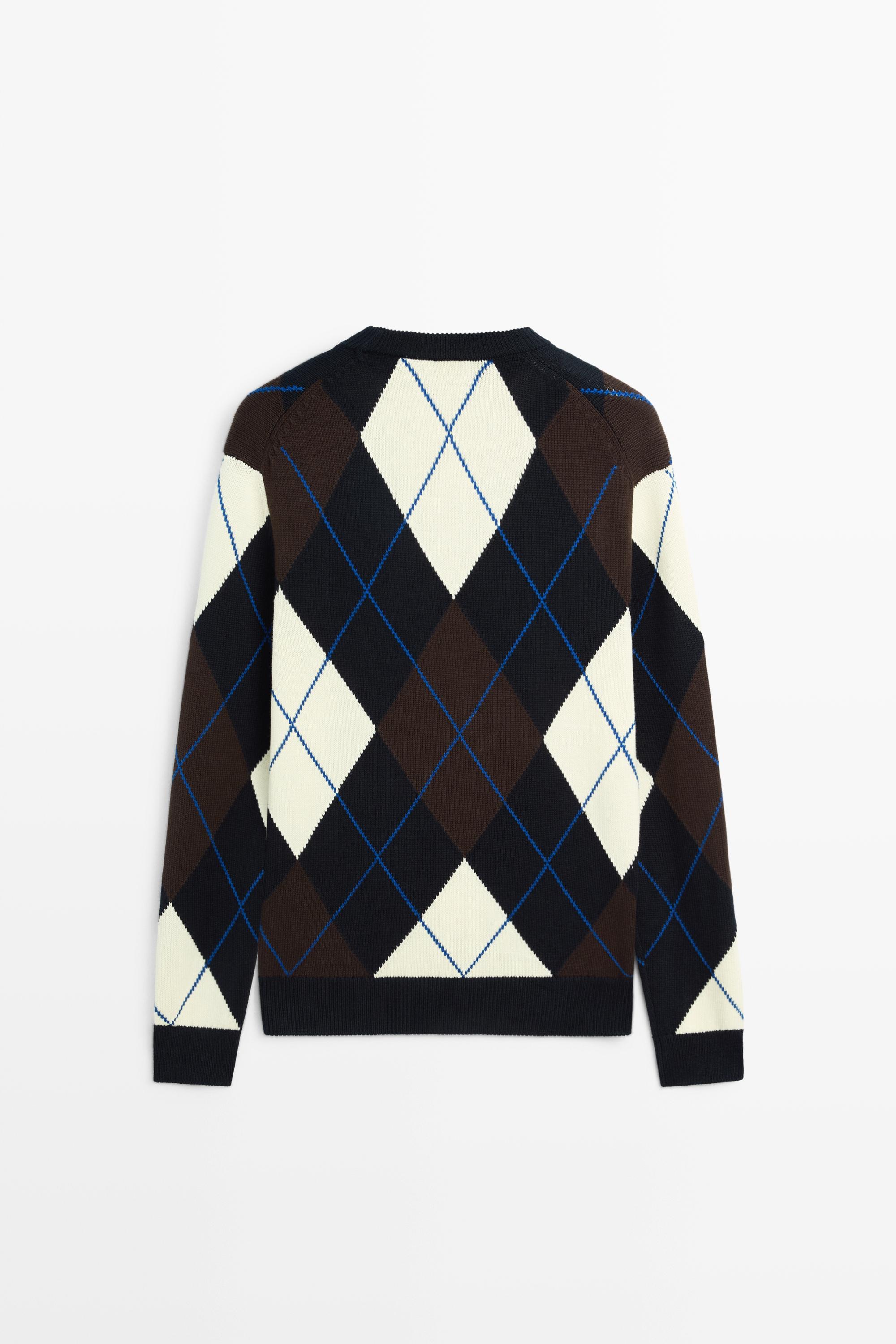 100% Cotton Argyle Knit Sweater — NAVY BLUE