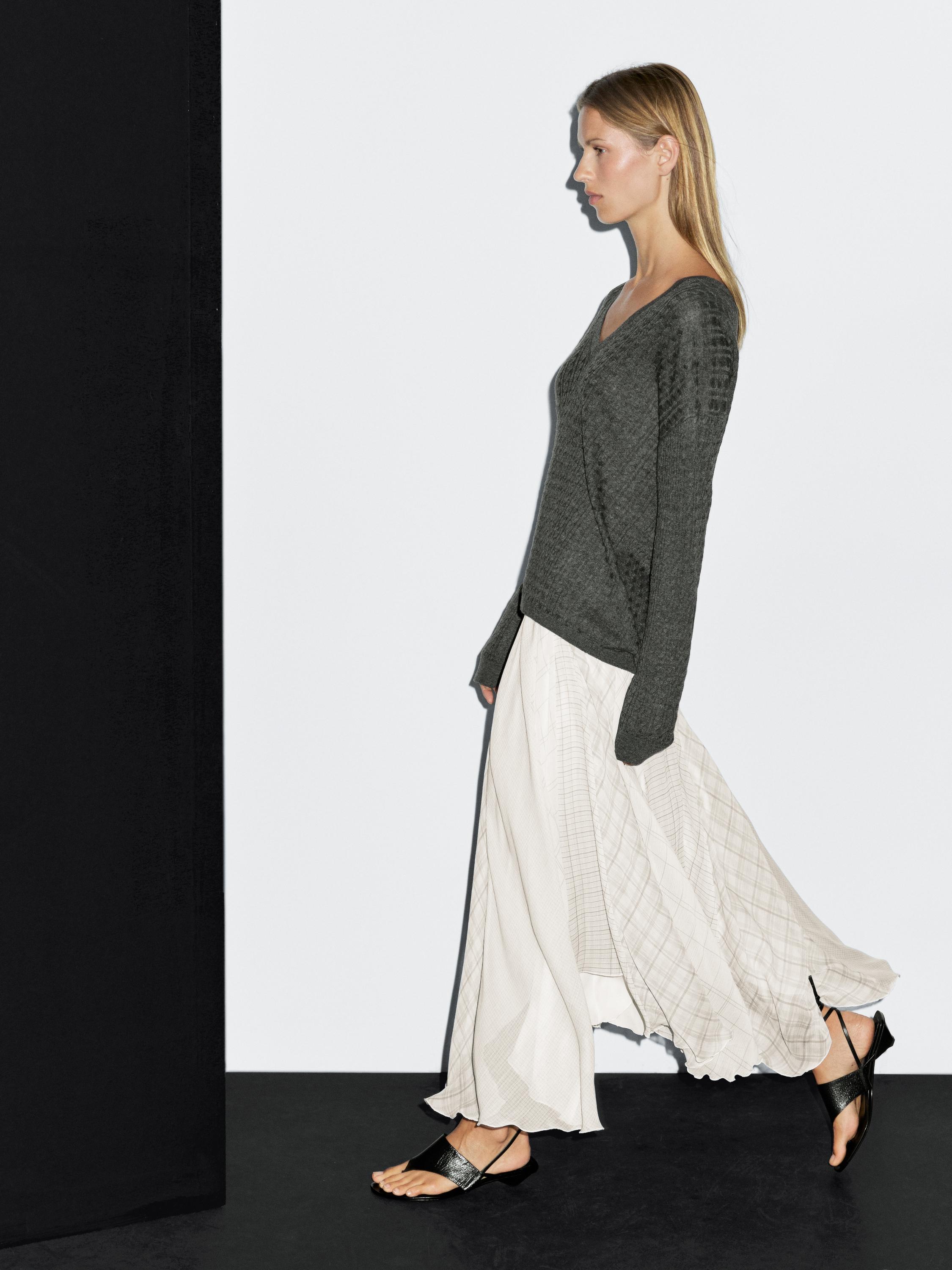 Asymmetric check midi skirt