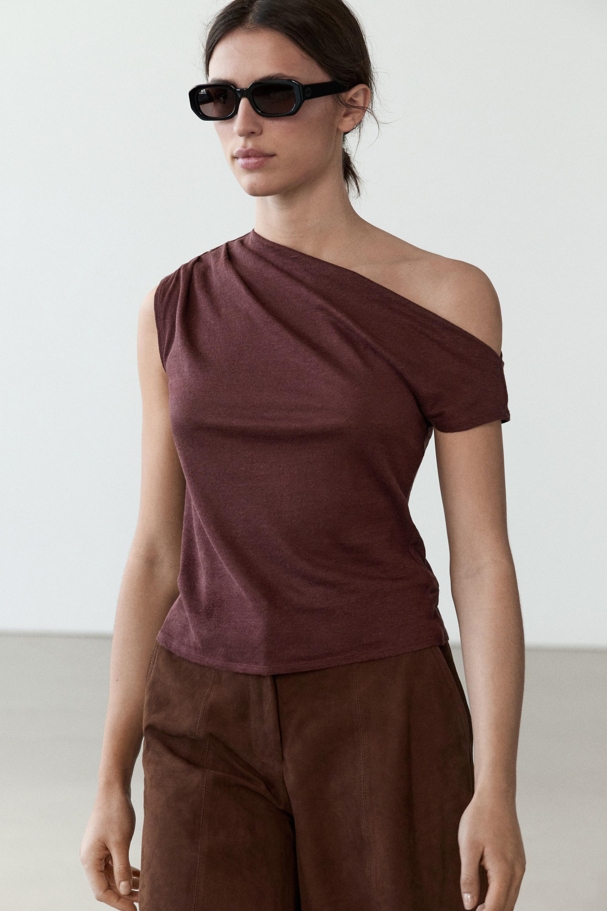 Asymmetric linen blend top with draped detail — BURGUNDY