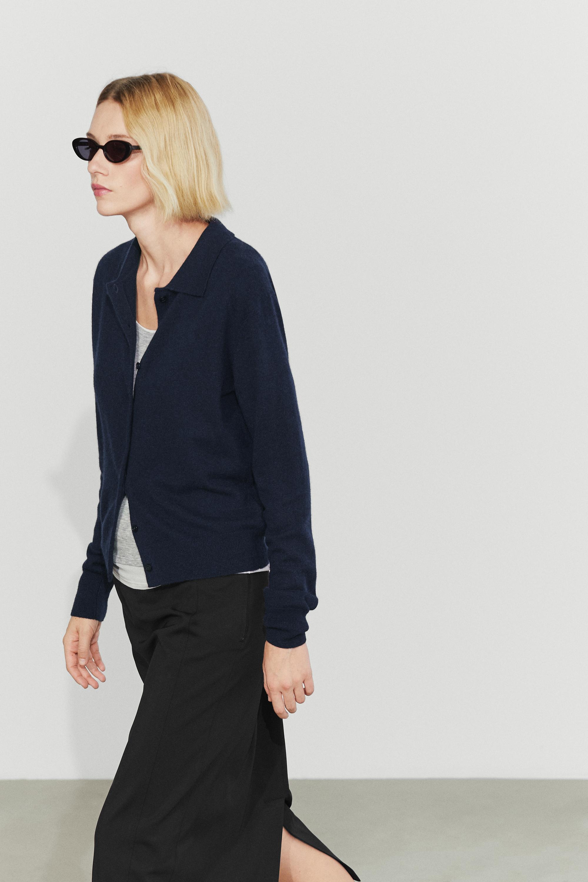 100% cashmere knit polo collar cardigan