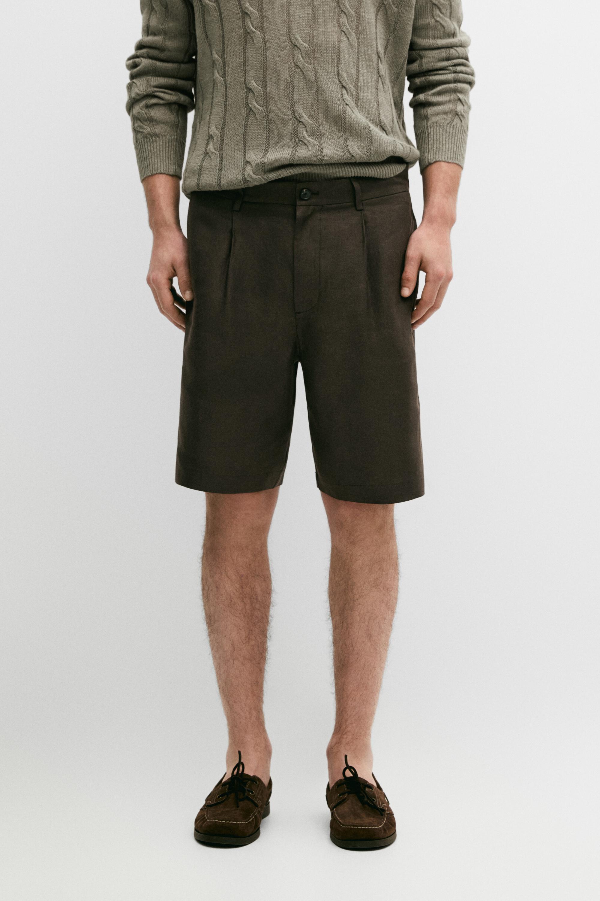 Linen Bermuda shorts with darts — BROWN
