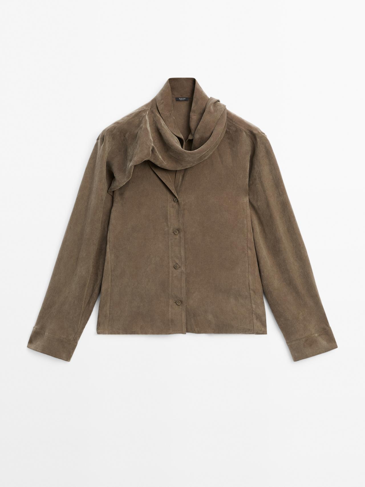 Massimo Dutti - Dame - Skjorte Med Bindebånd I Halsen - Brun - Xs