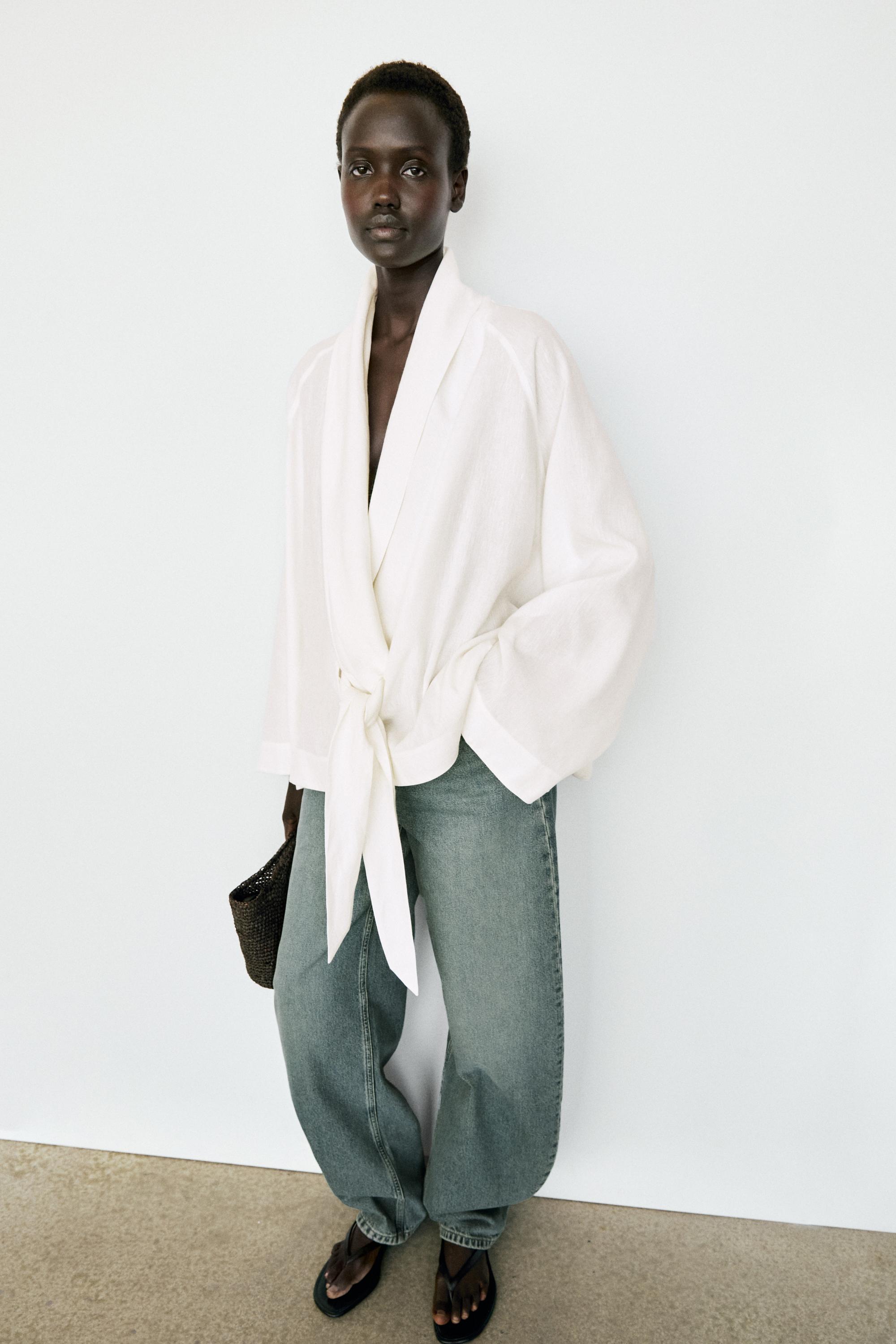 Flowing linen-blend shirt with tie detail — WHITE