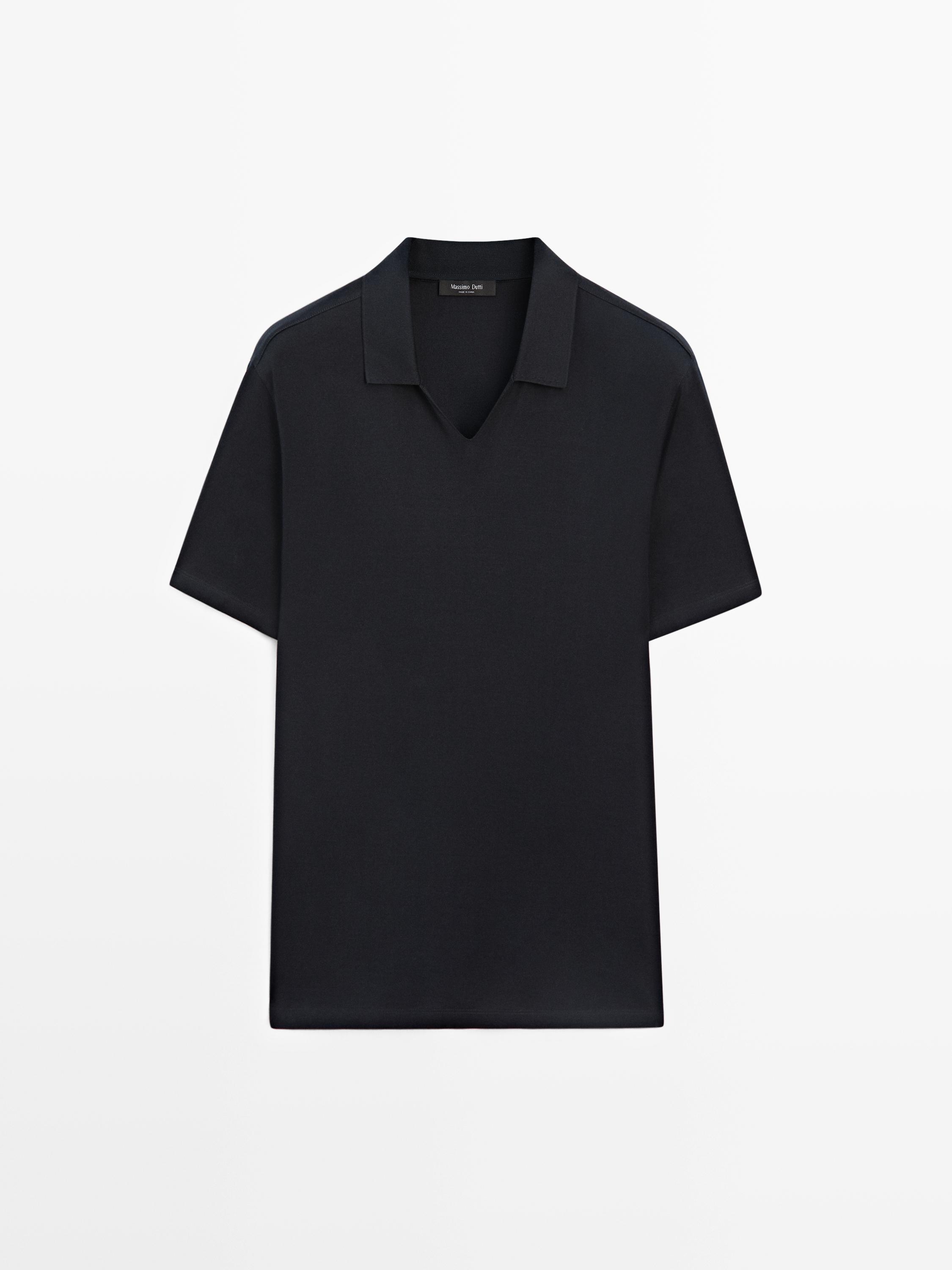 Cotton V-neck polo shirt — NAVY BLUE