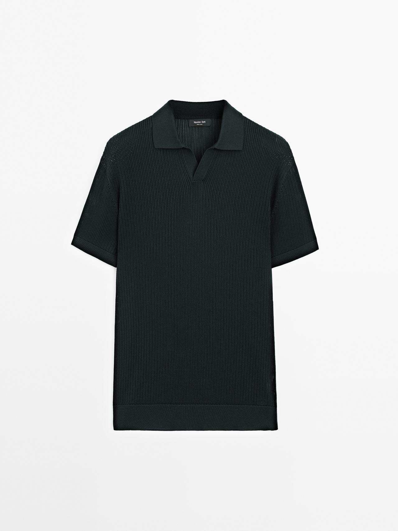 Massimo Dutti - Herre - Poloshirt Med Struktur, Hulmønster Og V-Udskæring - Marineblå - L