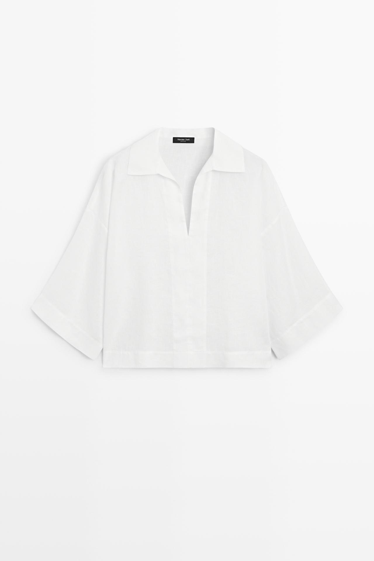 100% linen polo collar shirt — WHITE