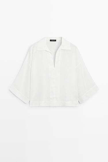 100% linen polo collar shirt — WHITE 2