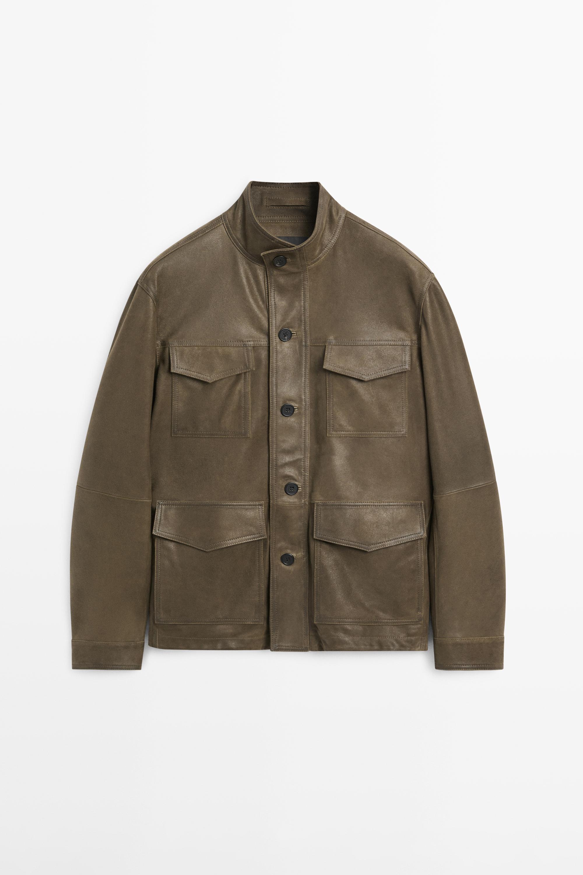 Distressed-effect goatskin leather jacket — KHAKI