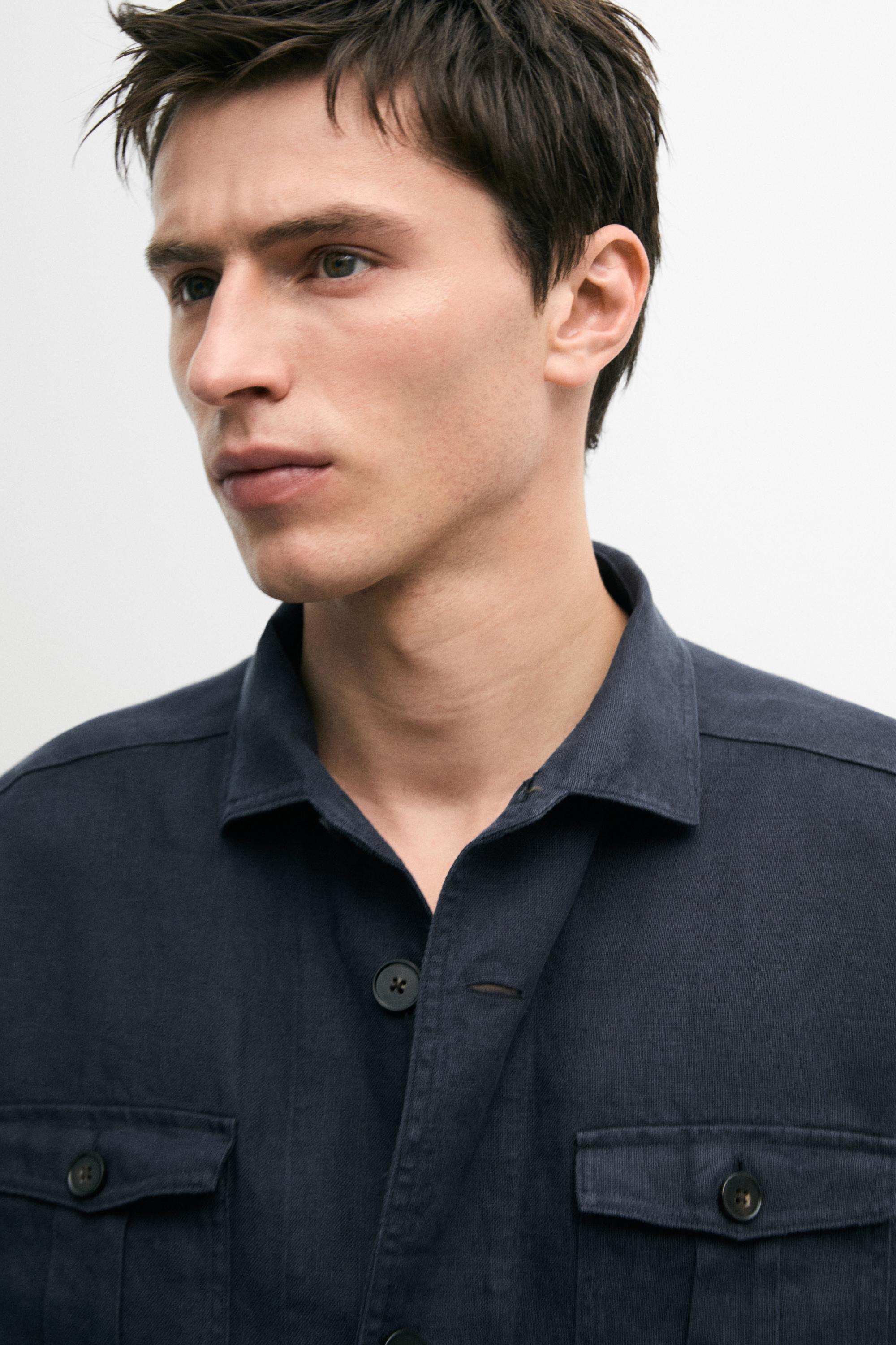 Heavy linen overshirt with pocket details — NAVY BLUE