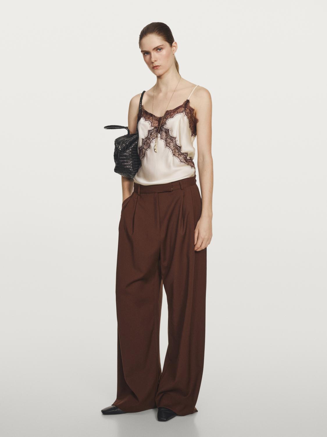 Pantalón Ancho Doble Pinza - Studio - Caoba - 34 - Massimo Dutti - Mujer