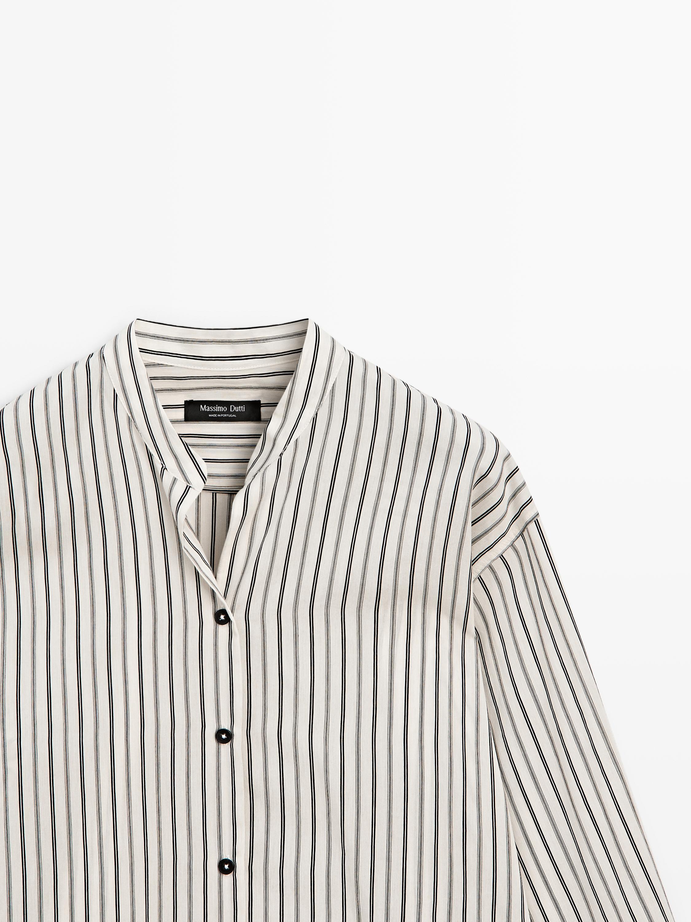 Striped flowing shirt with stand collar