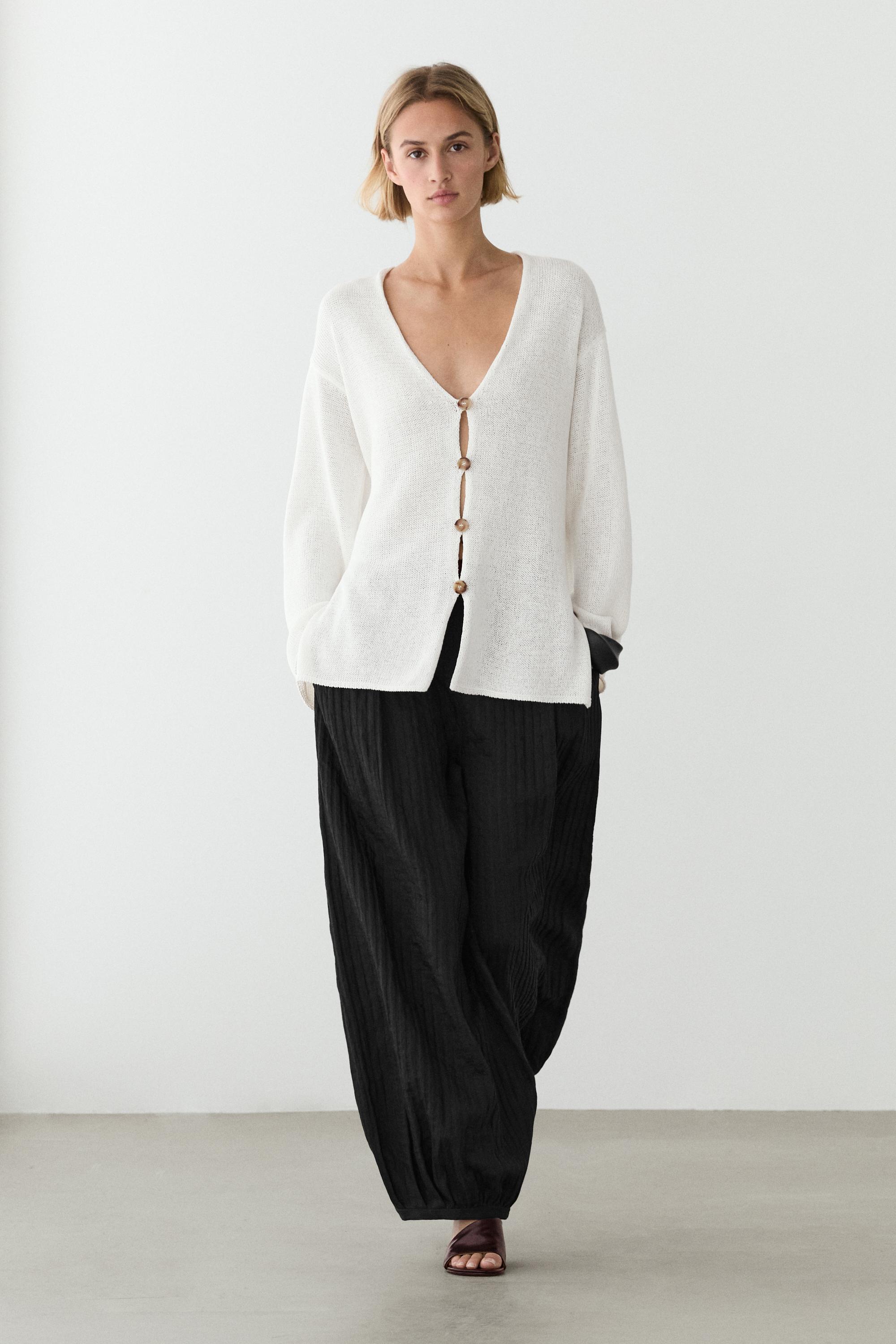 Long knit V-neck cardigan — WHITE