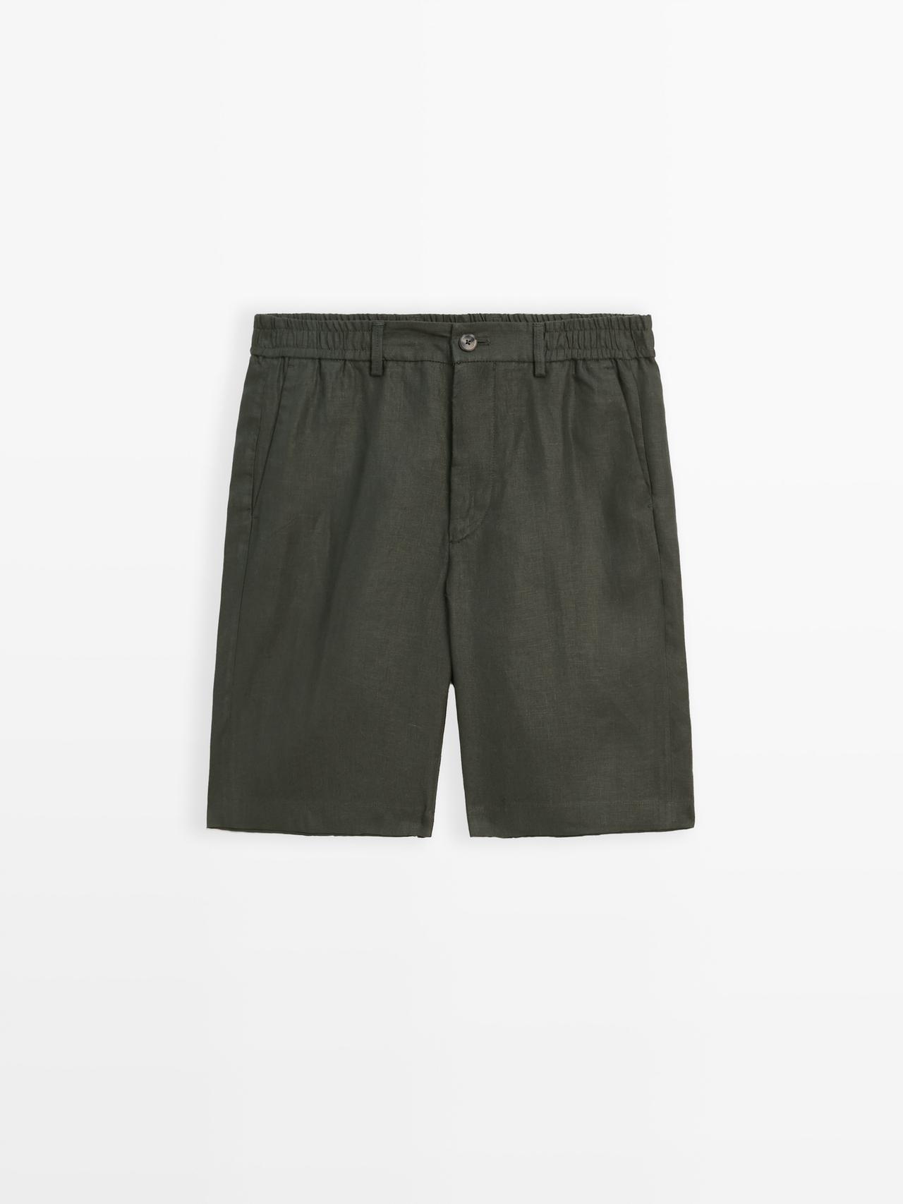 Massimo Dutti - Herre - Joggingbukselignende Bermudashorts I 100 % Hør - Mørkegrøn - Xl