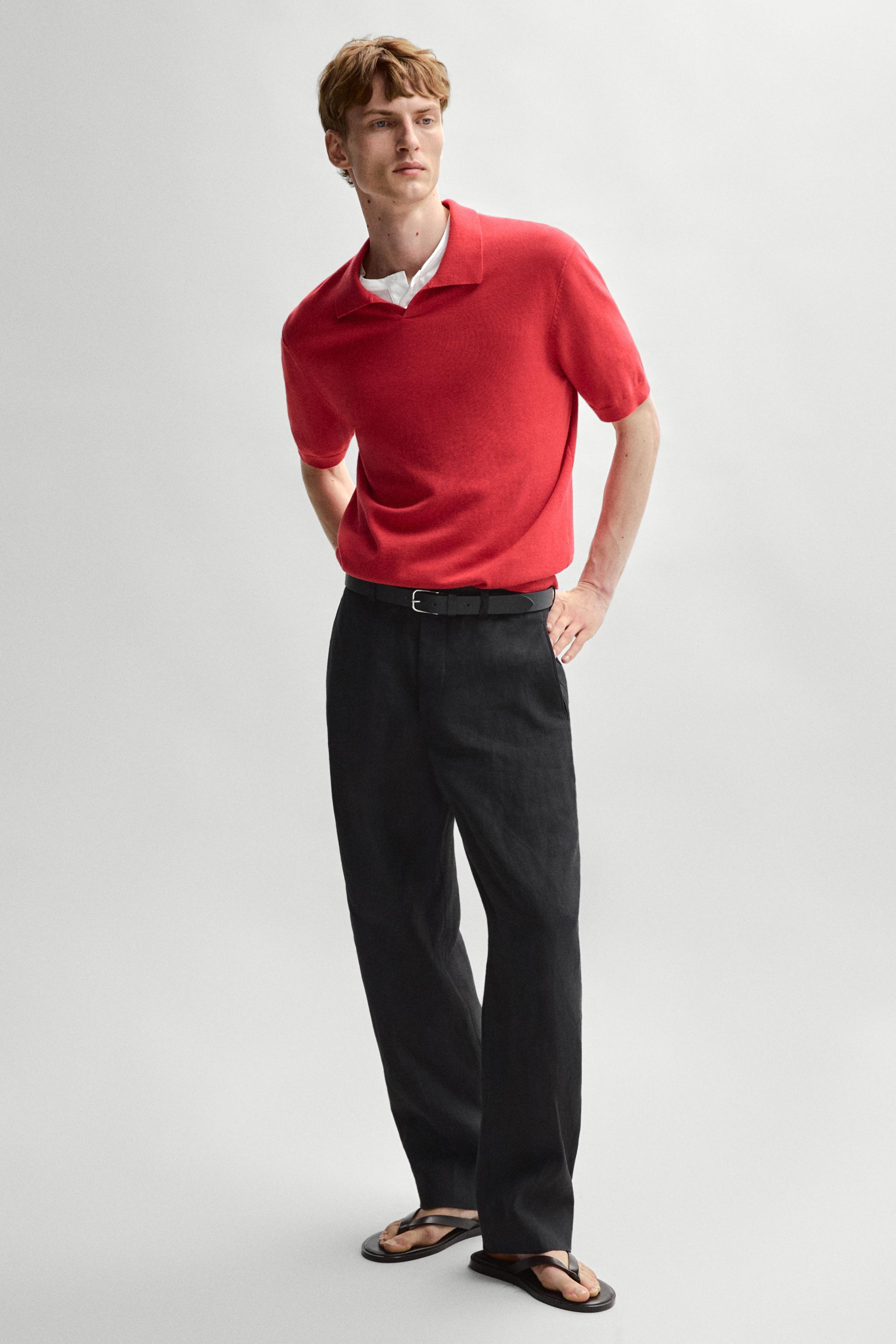 Cotton blend V-neck polo shirt — RED