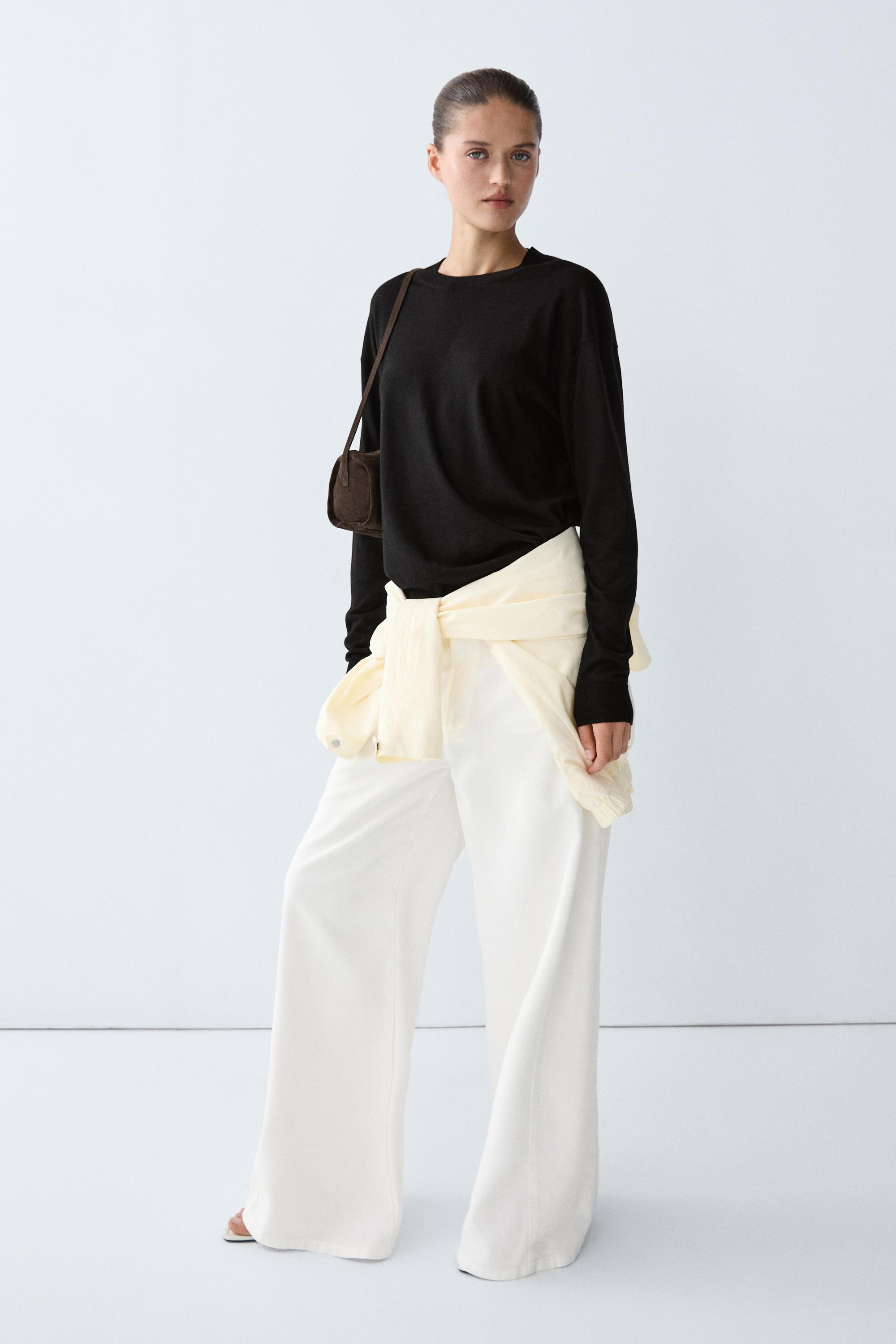 Fine knit round neck sweater — BLACK