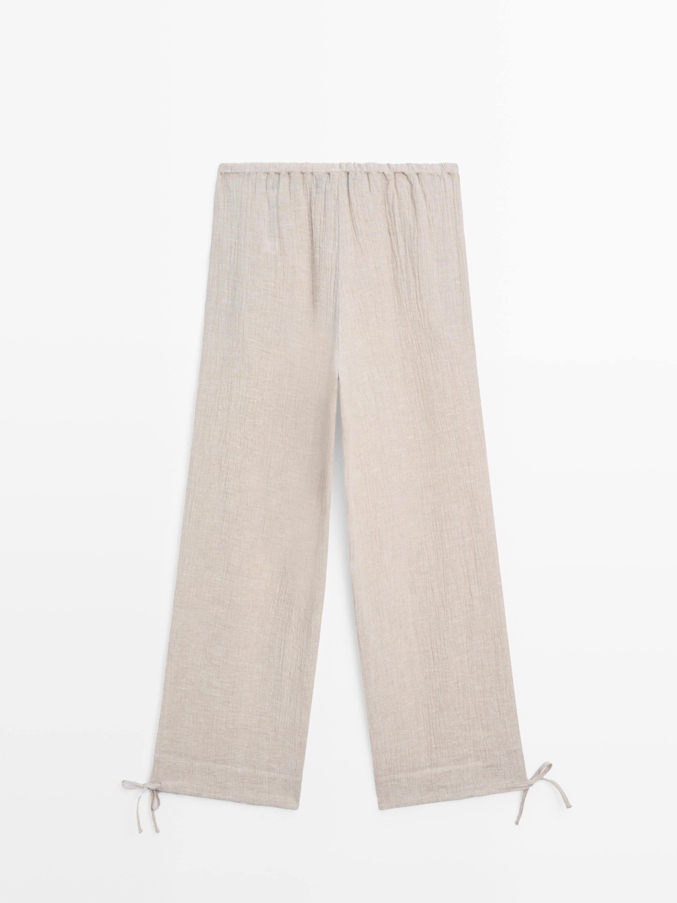100% linen waffle-knit sarouel trousers — SAND