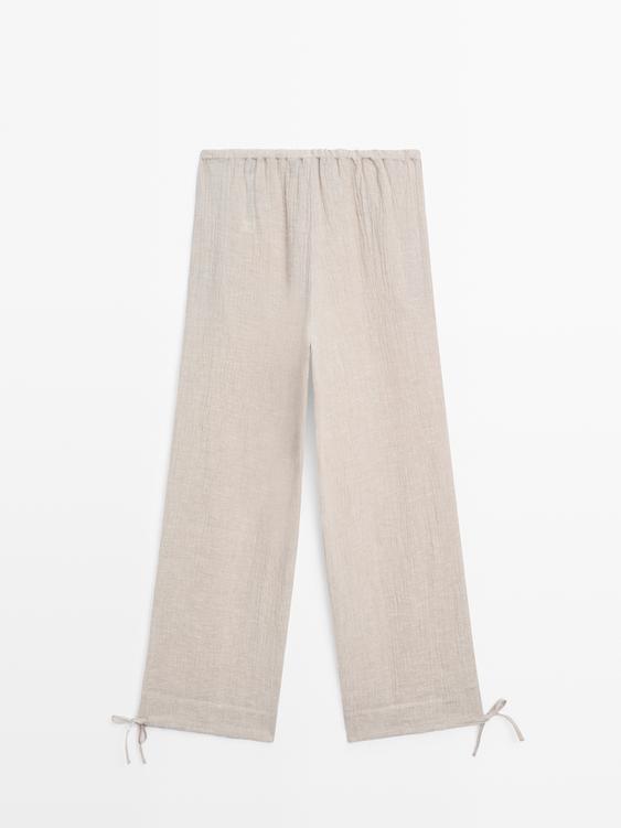 %100 keten gofre şalvar pantolon