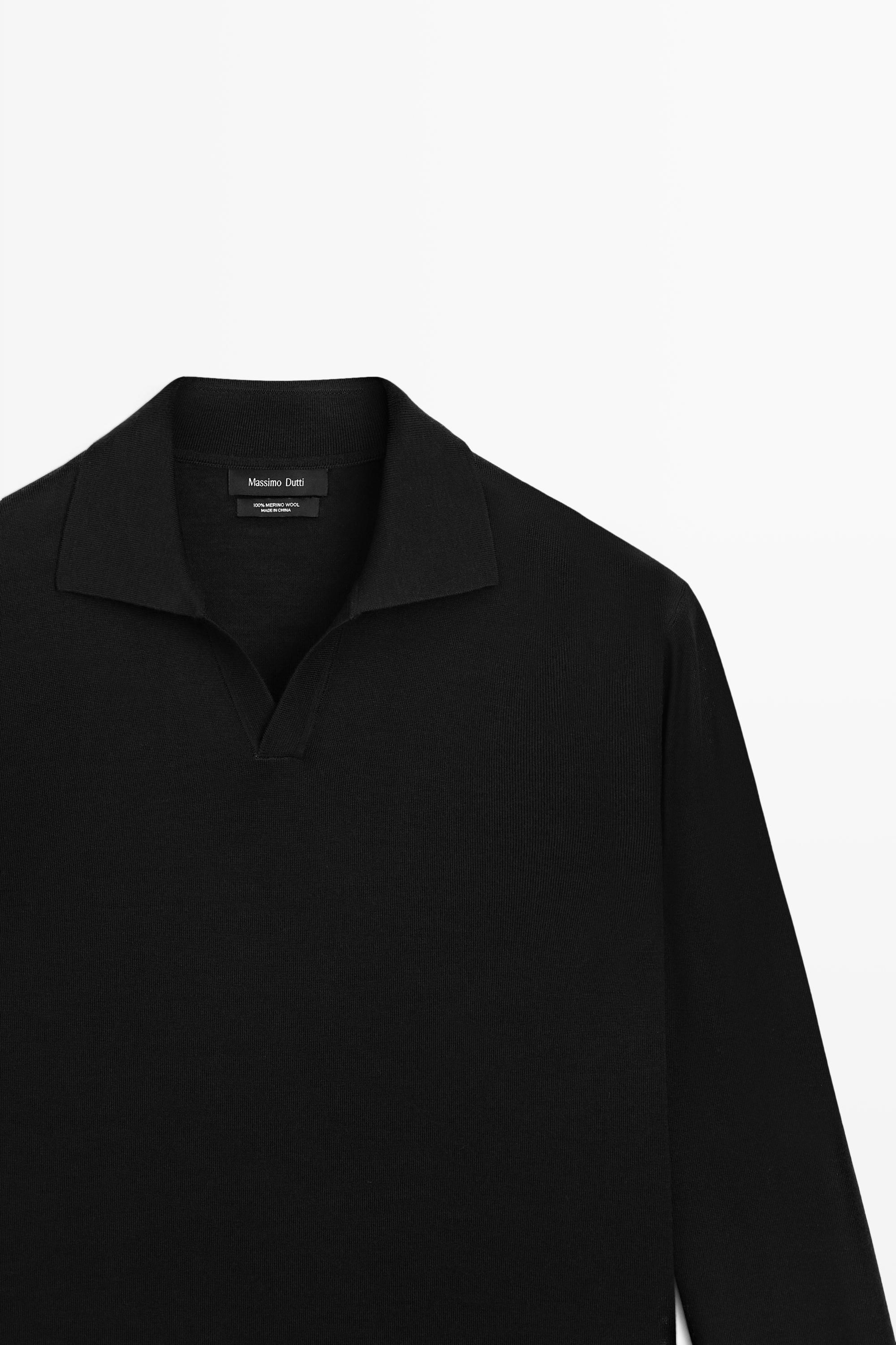 100% merino wool knit polo sweater — BLACK