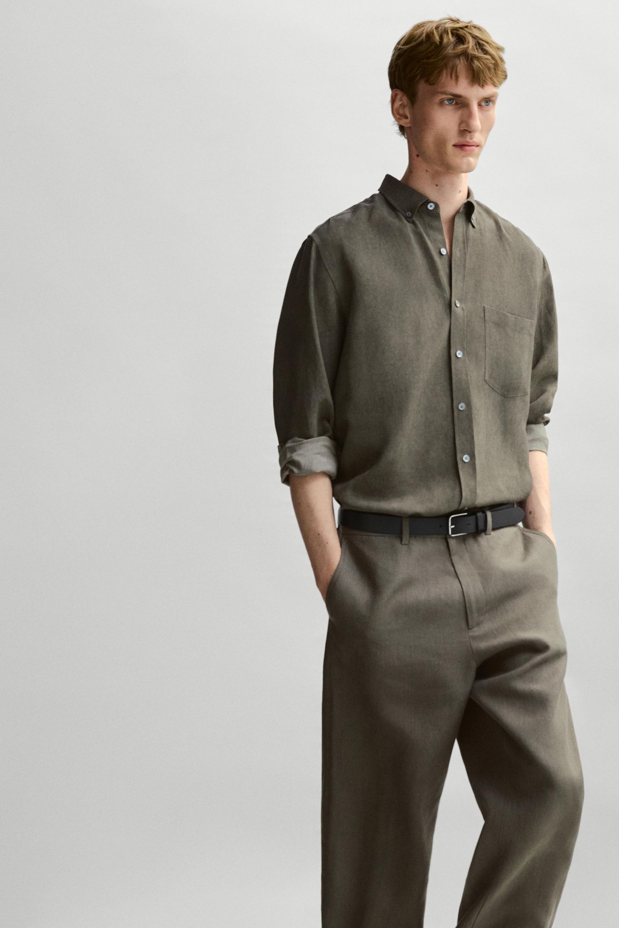 100% linen straight-leg trousers — GREEN