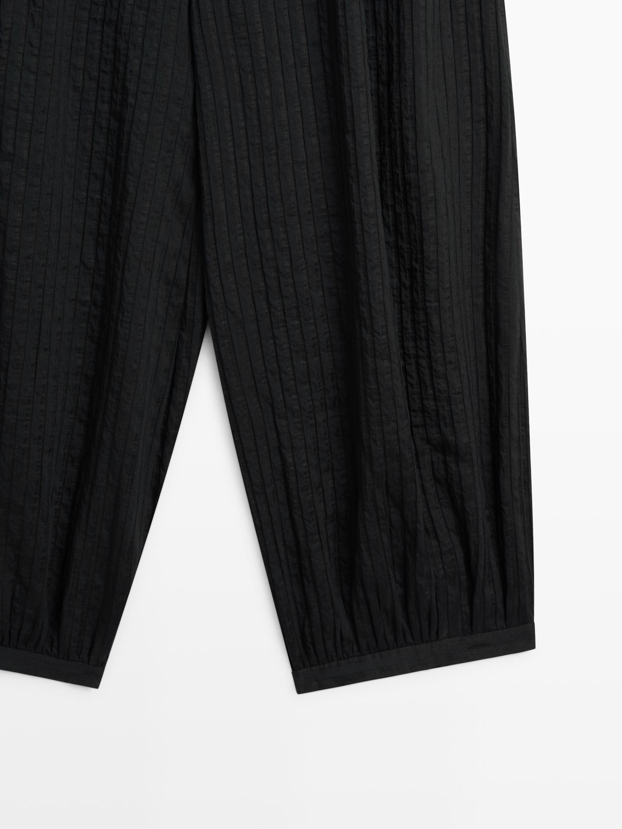 Flowing linen-blend drop crotch pants — BLACK
