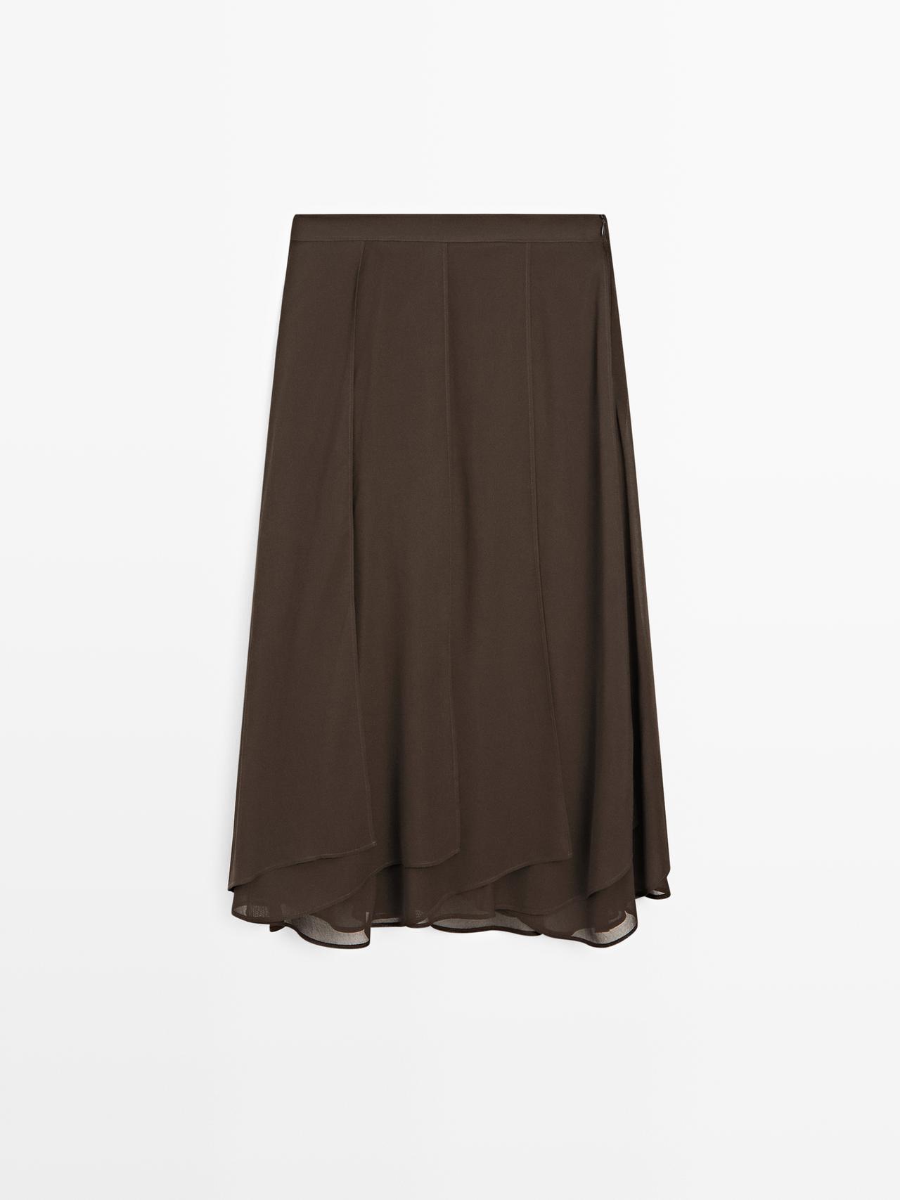 Massimo Dutti - Dame - Midinederdel Med Blødt Fald Og Flæser - Brun - 34